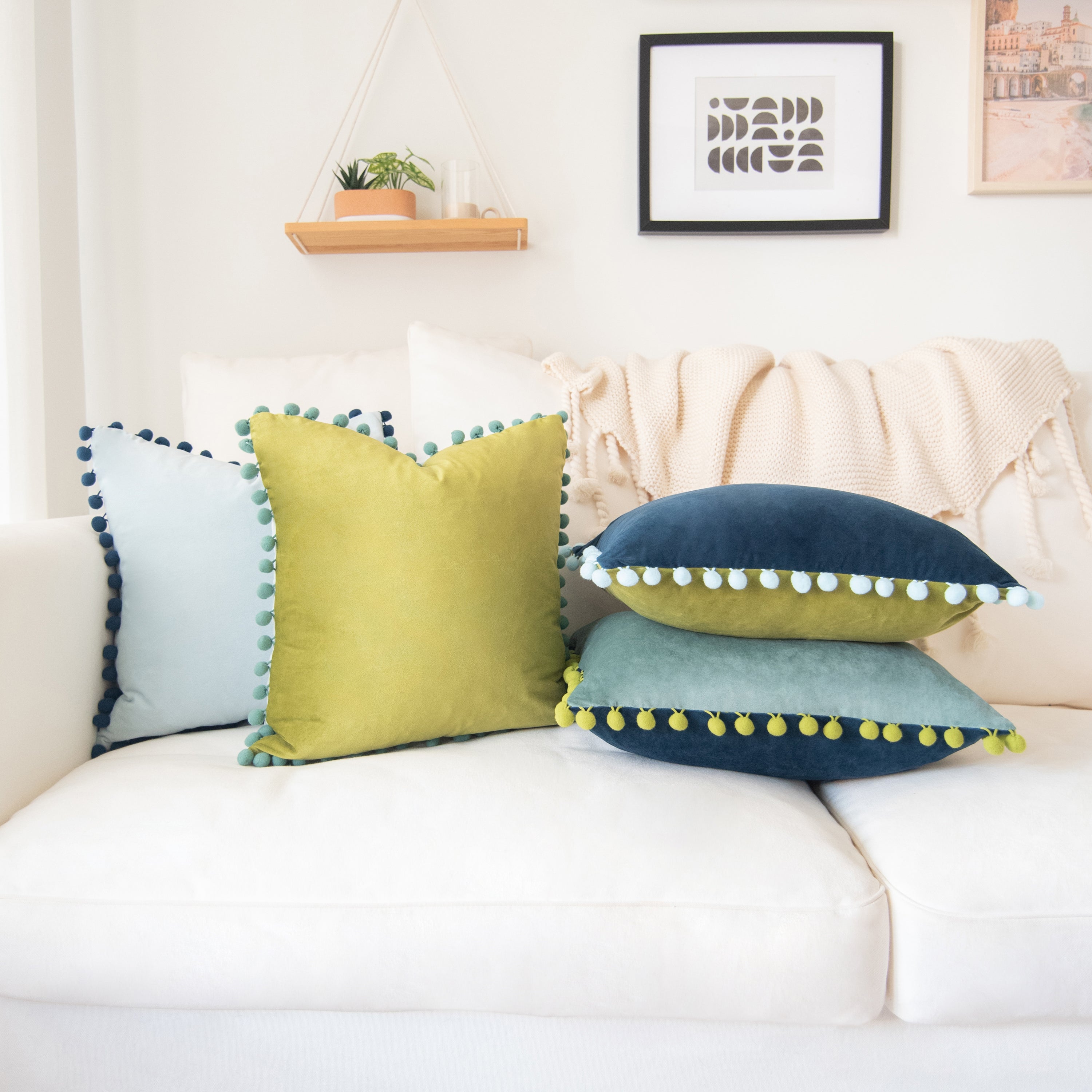 pom pom trim blue green teal light blue decorative throw pillow covers velvet soft