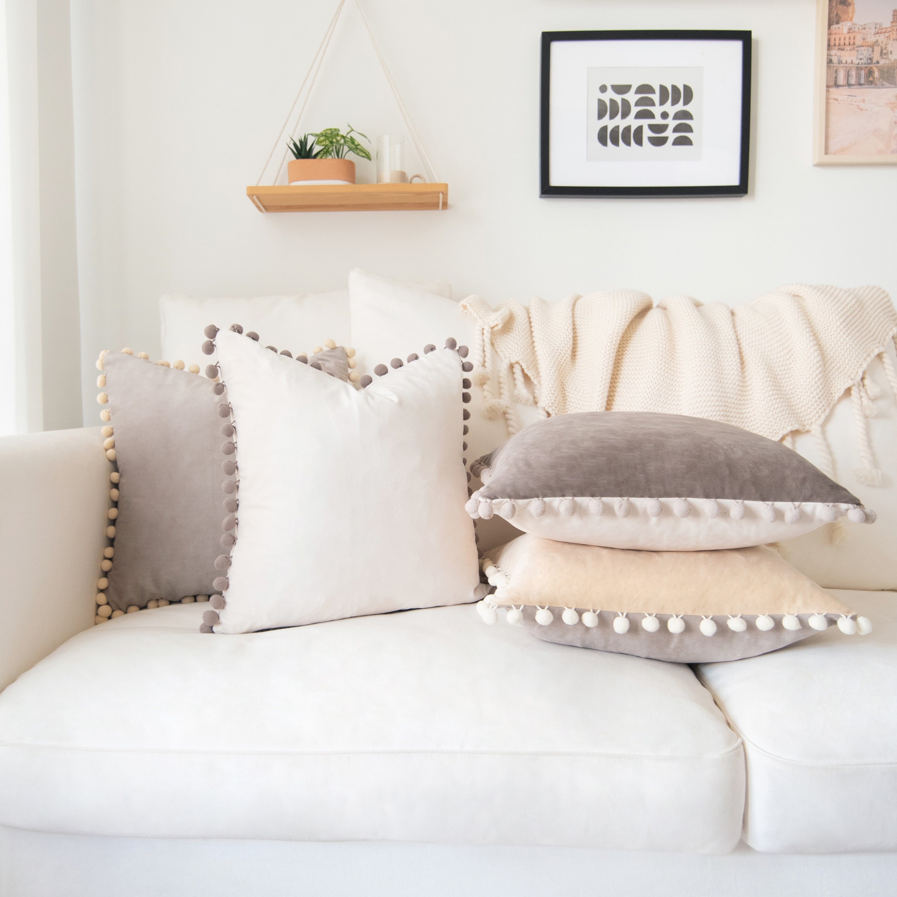 pom pom trim stone gray beige cream light cream gray decorative throw pillow covers velvet soft