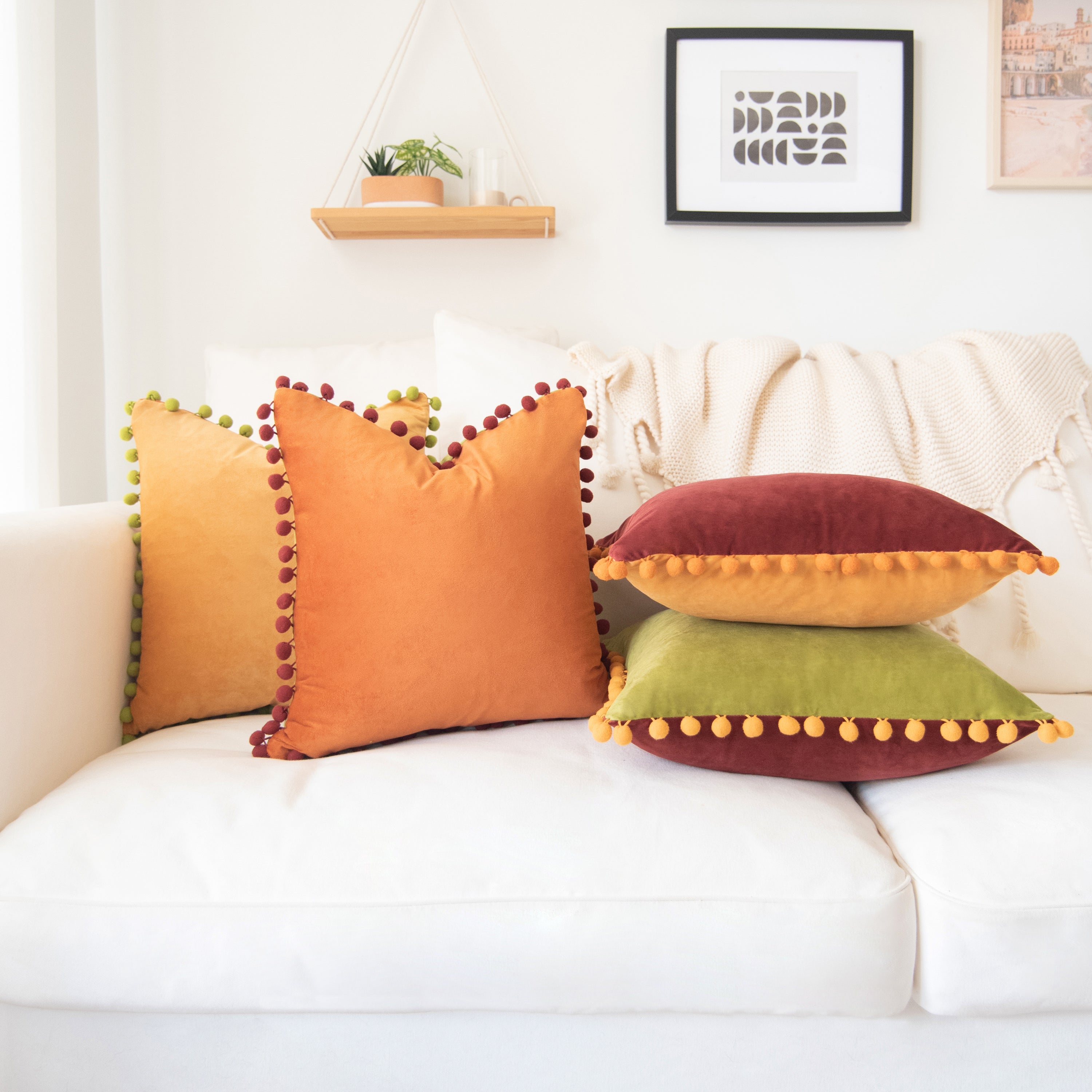 pom pom trim orange plum olive green yellow decorative throw pillow covers velvet soft