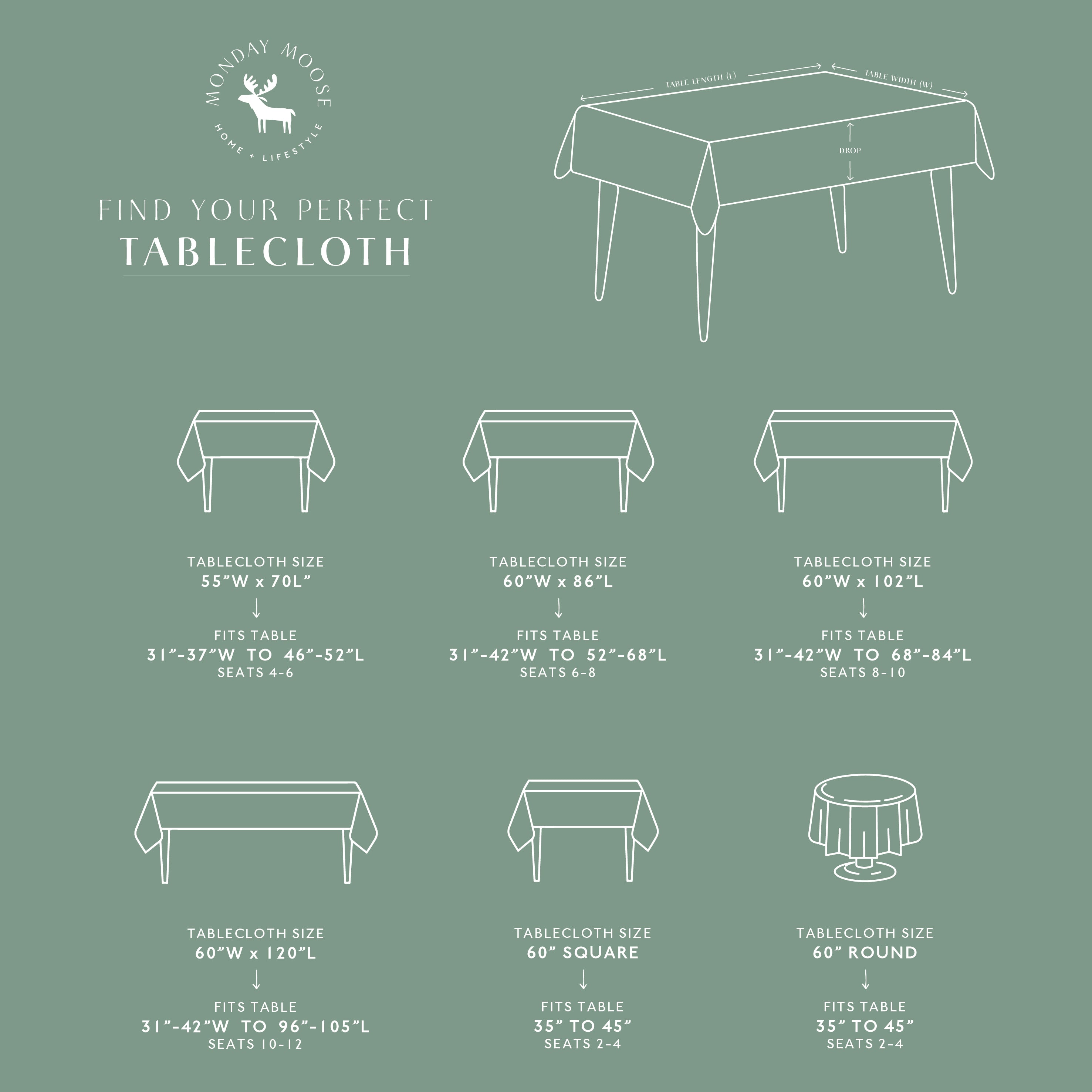 Tablecloth size chart with table illustrations on a green background