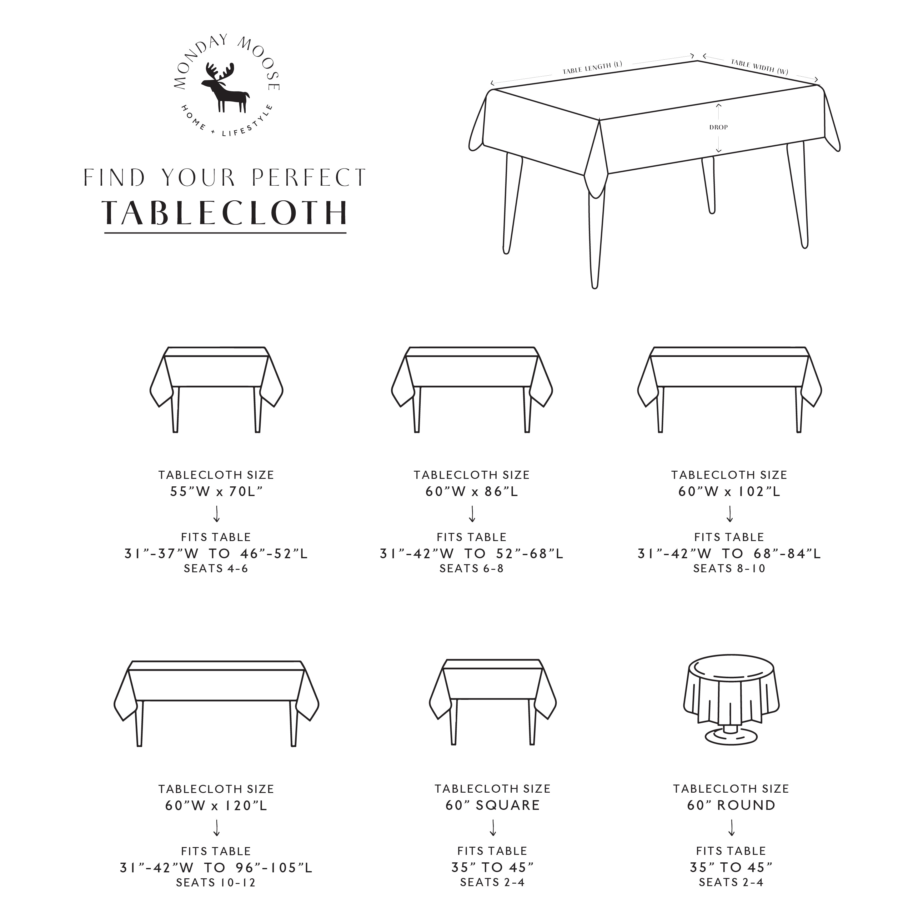 Tablecloth size chart with measurements and fit information for various table shapes and sizes.