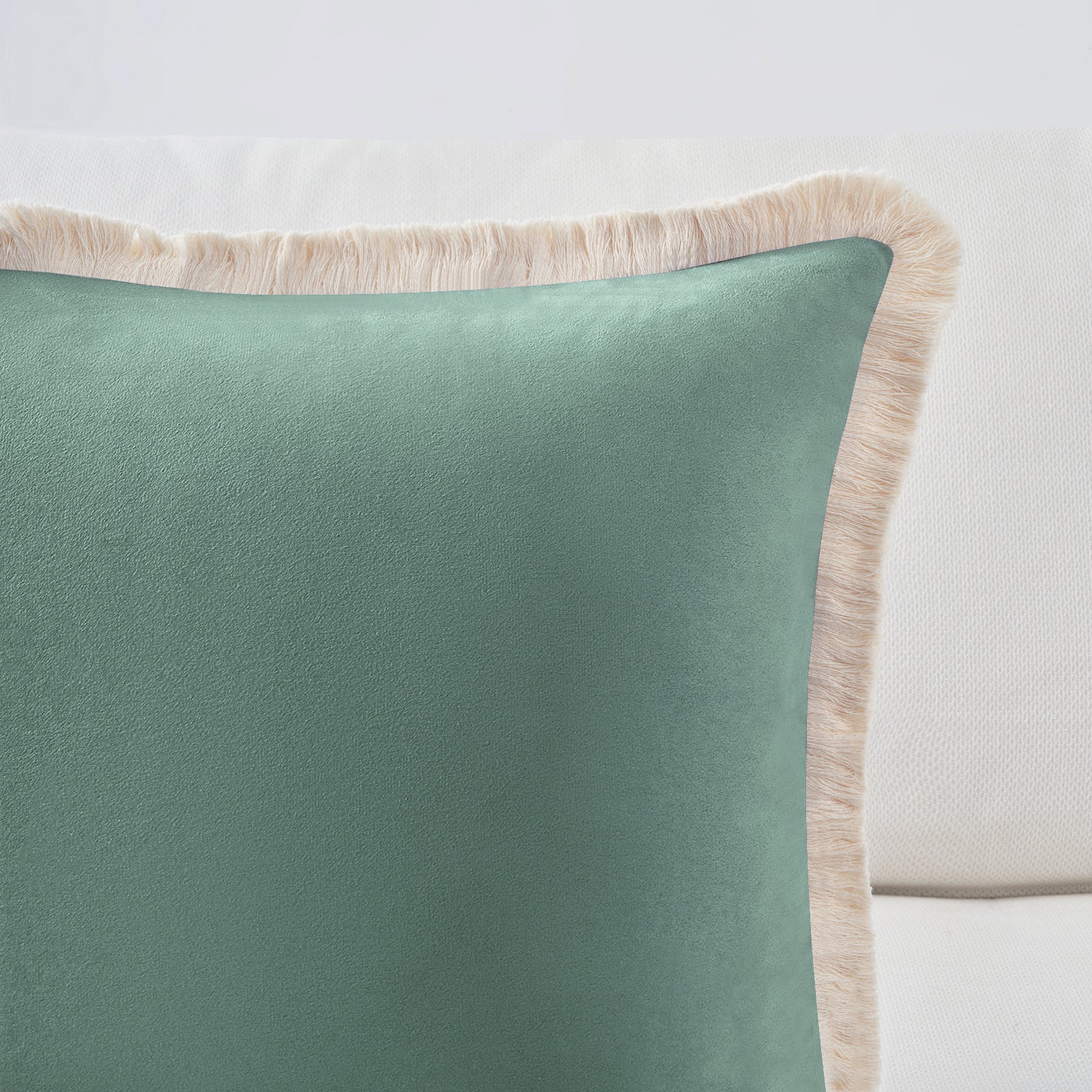 Green pillow with beige trim on a neutral background
