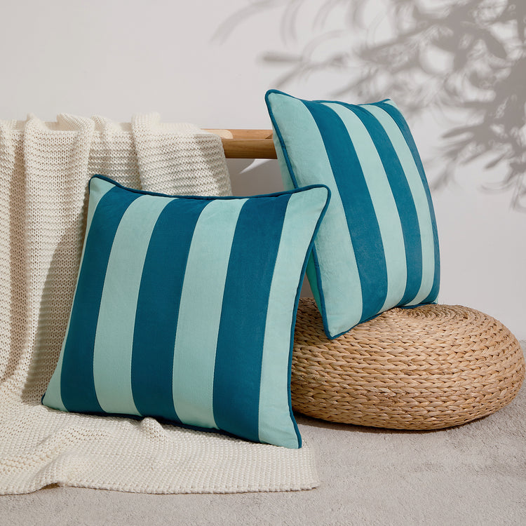 striped velvet pillows set of two blue light blue