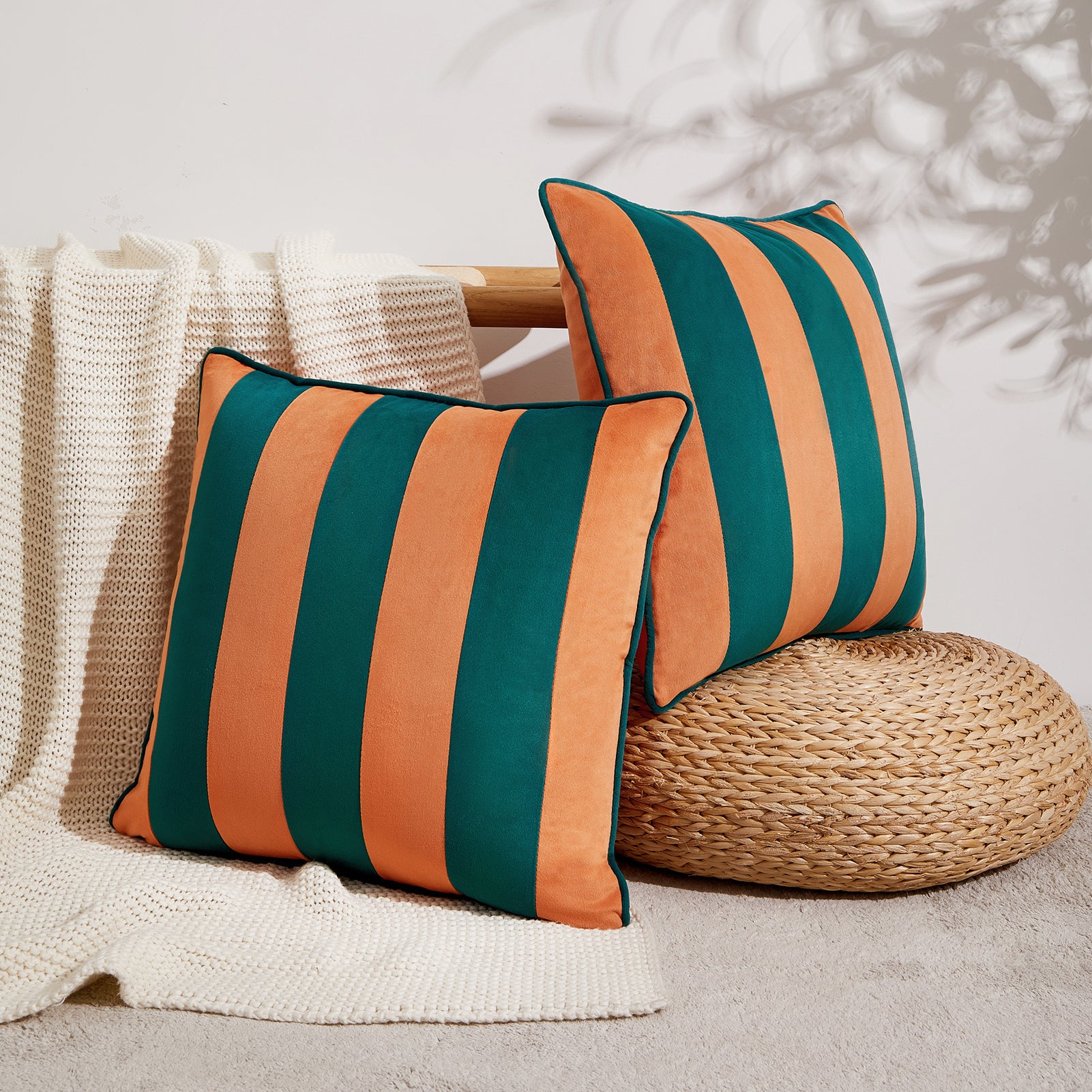 striped velvet pillows set of two coral dark teal