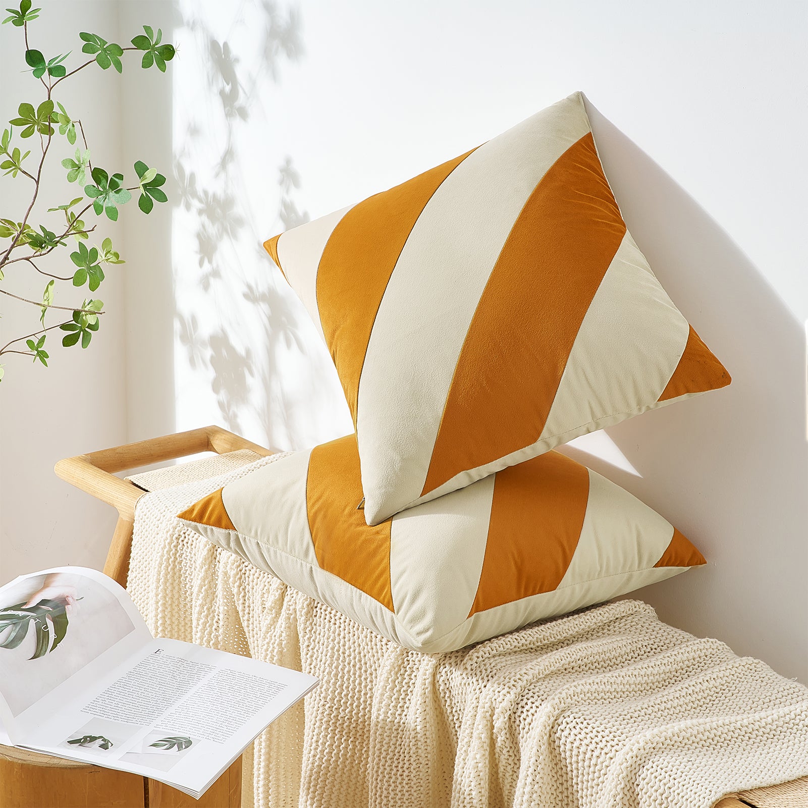 Two striped pillows on a bench with a plant and magazine in the background