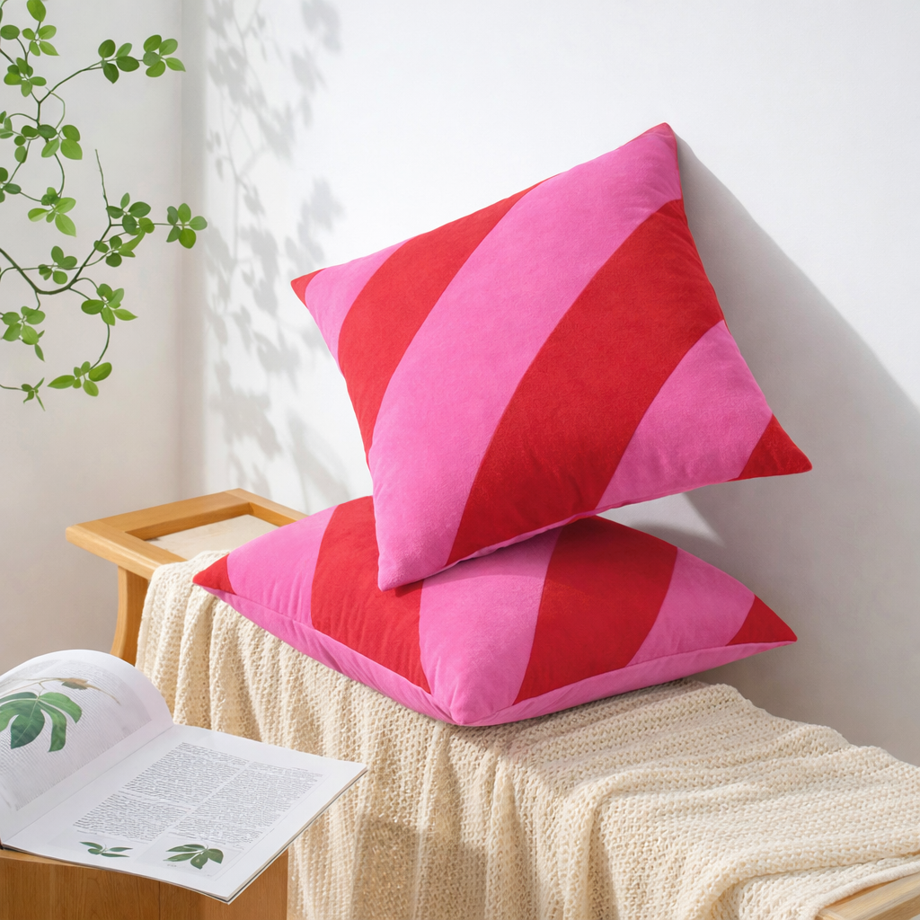 Two pink and red striped pillows on a bed with a plant in the background