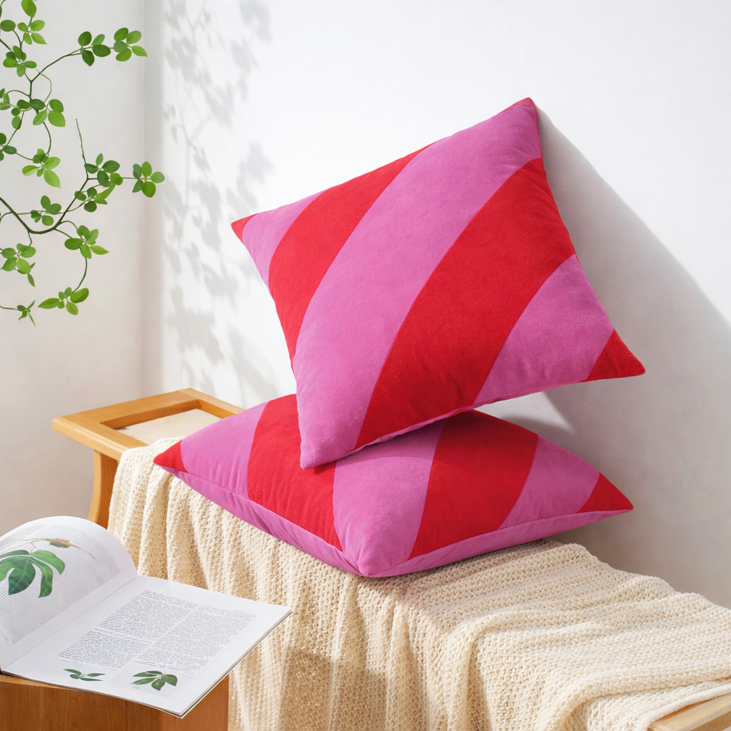 Two square throw pillows with diagonal stripes in red and pink velvet, stacked on a cream knit blanket on a wooden bench.