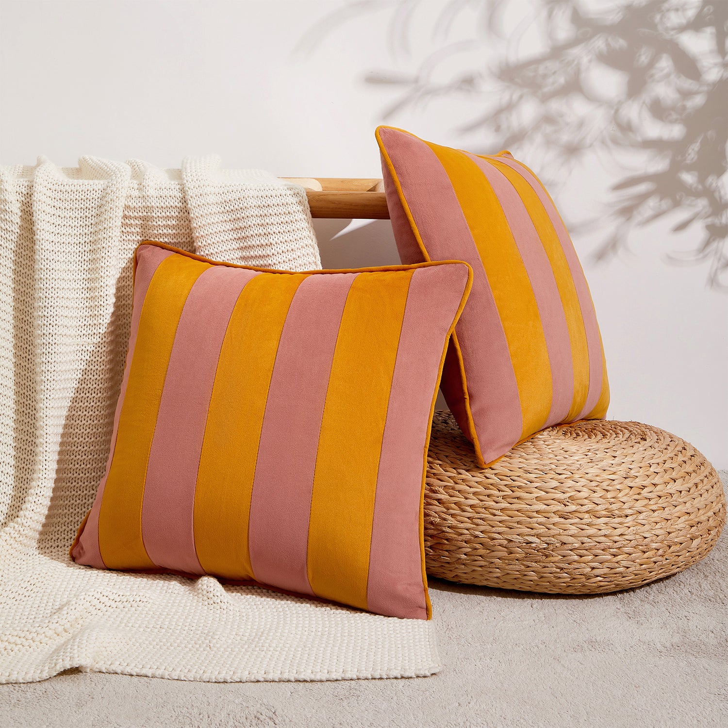 striped velvet pillows set of two pink yellow