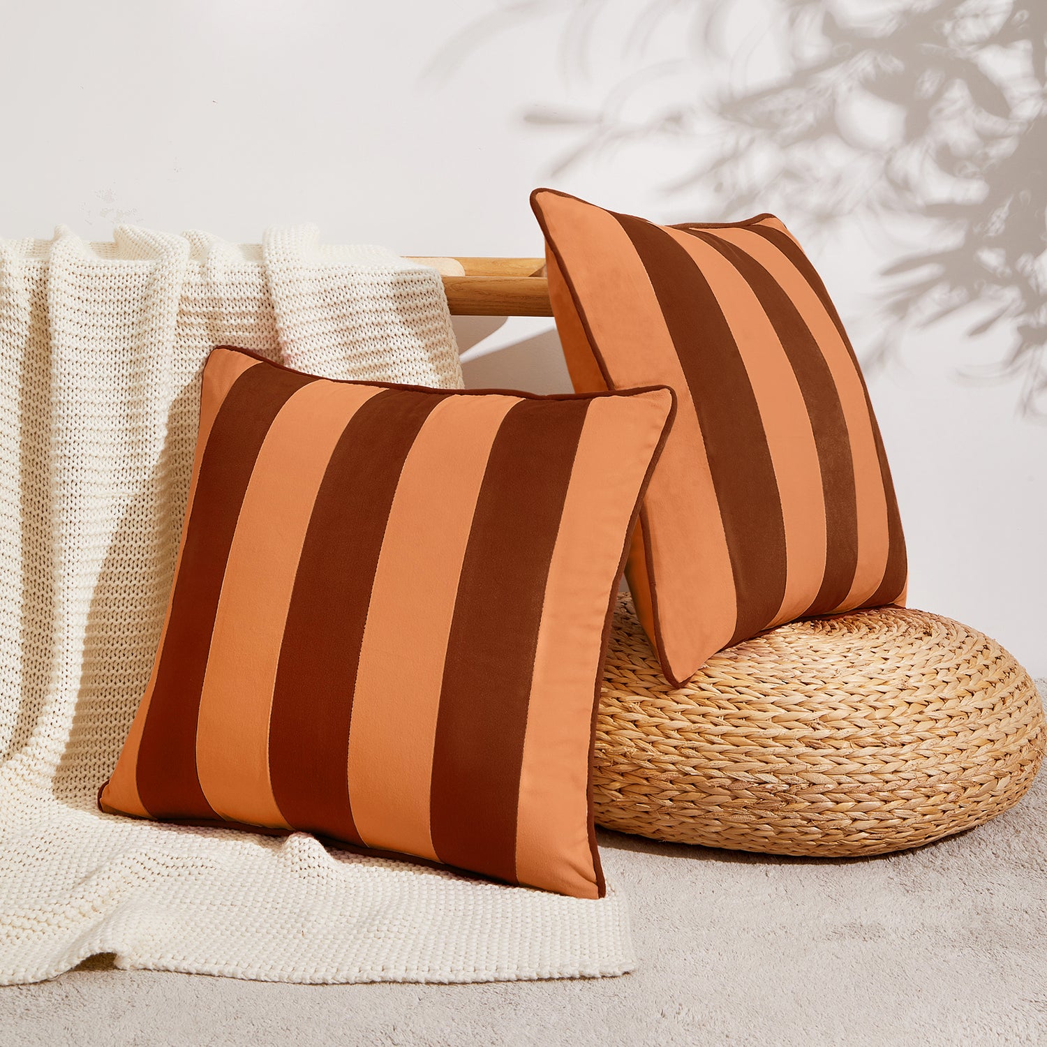 striped velvet pillows set of two rust coral