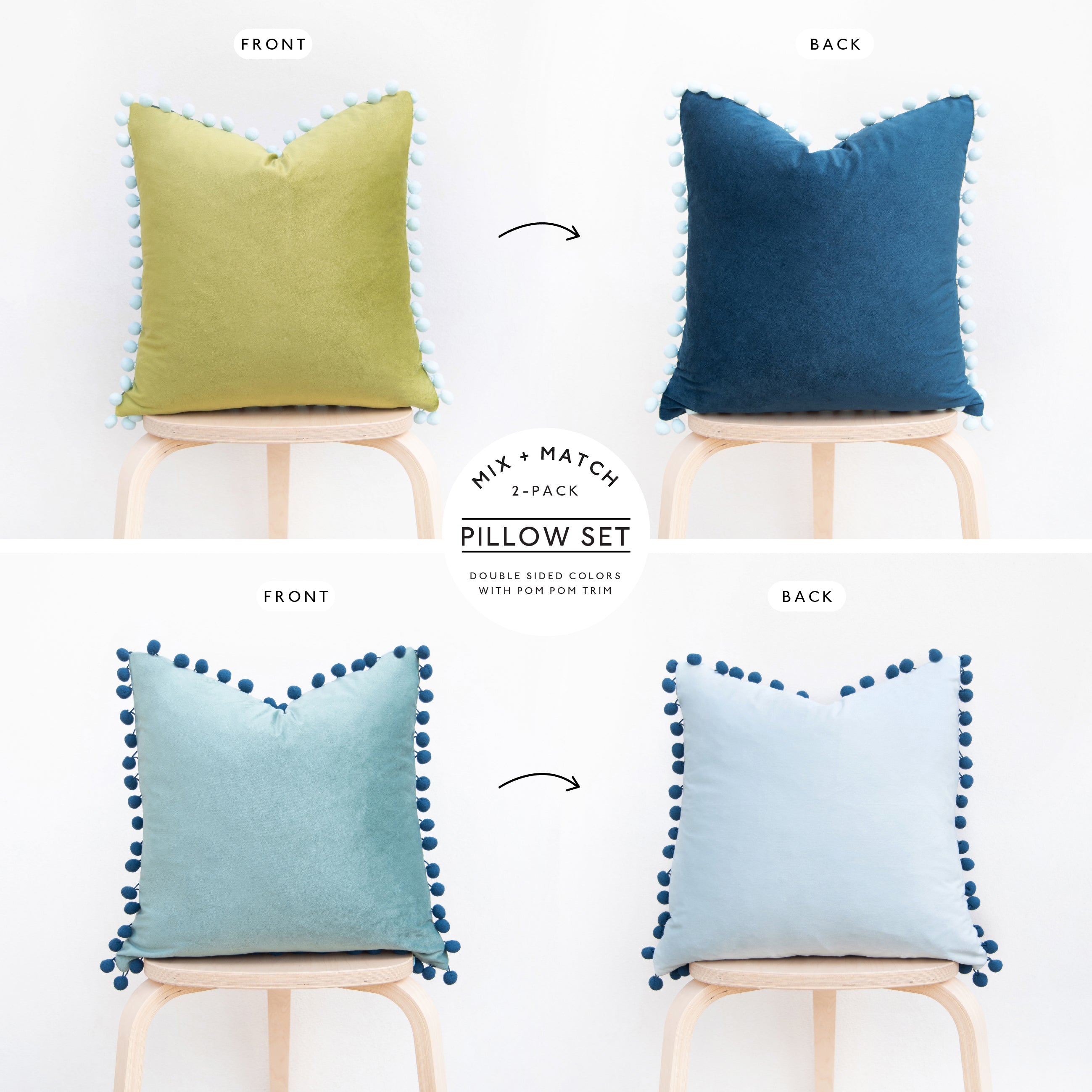 pom pom trim green blue  decorative throw pillow covers velvet