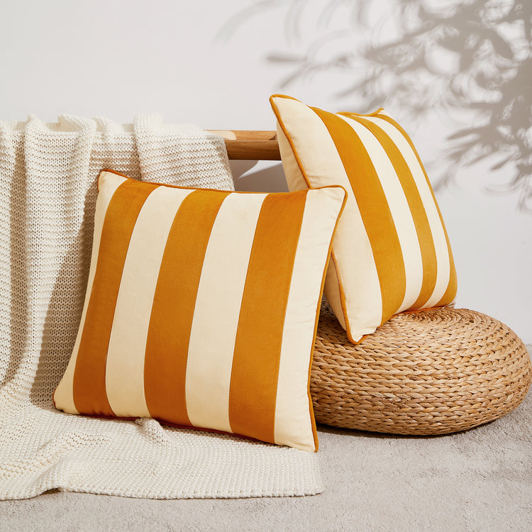 striped velvet pillows set of two yellow cream