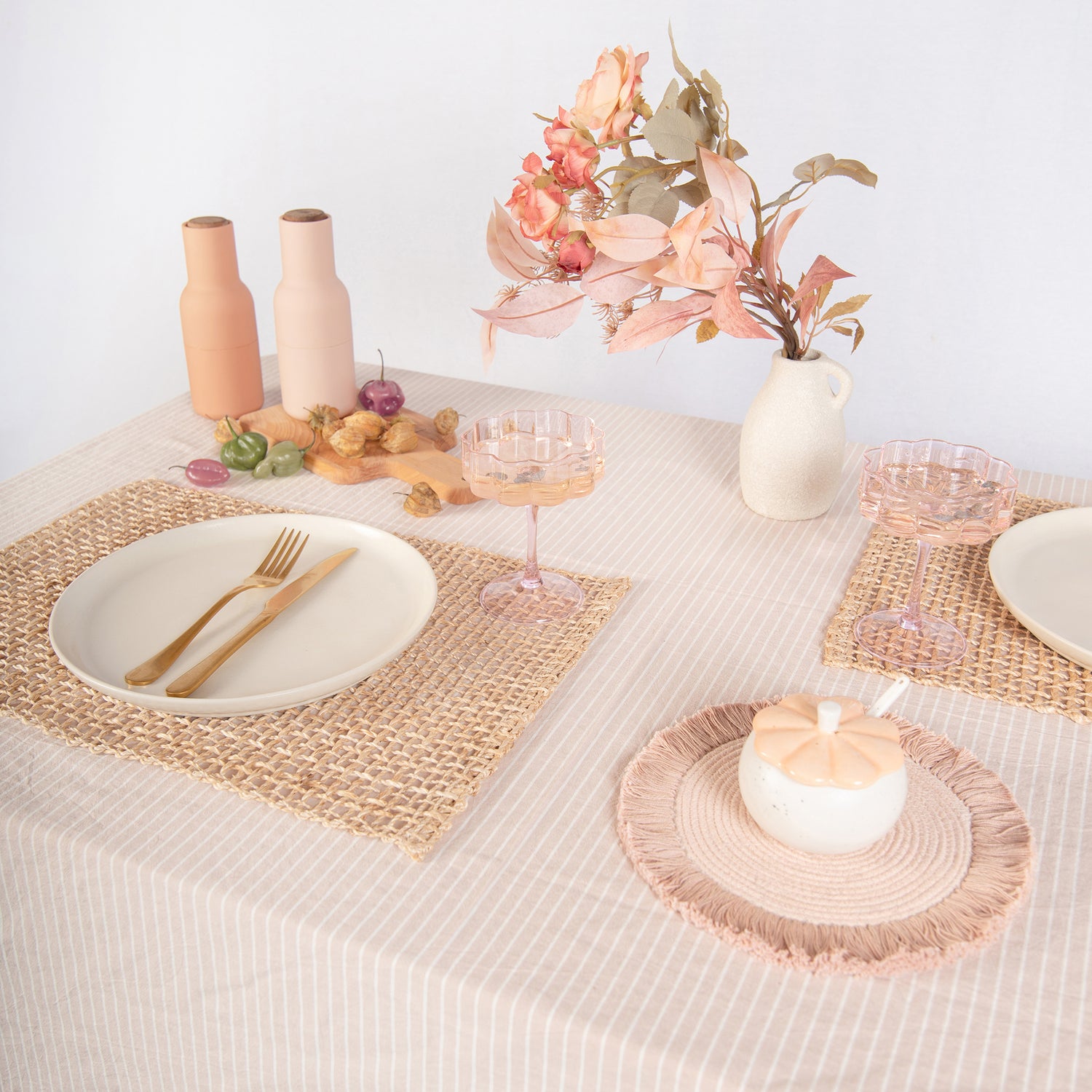 tablecloth cotton stonewashed beige white stripes rectangle