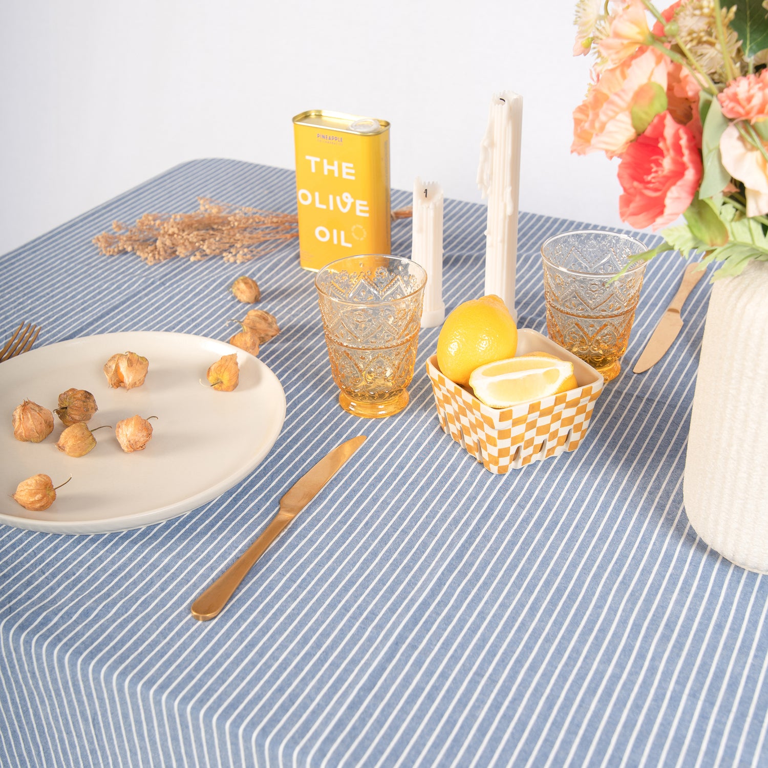 tablecloth cotton stonewashed blue white stripes rectangle