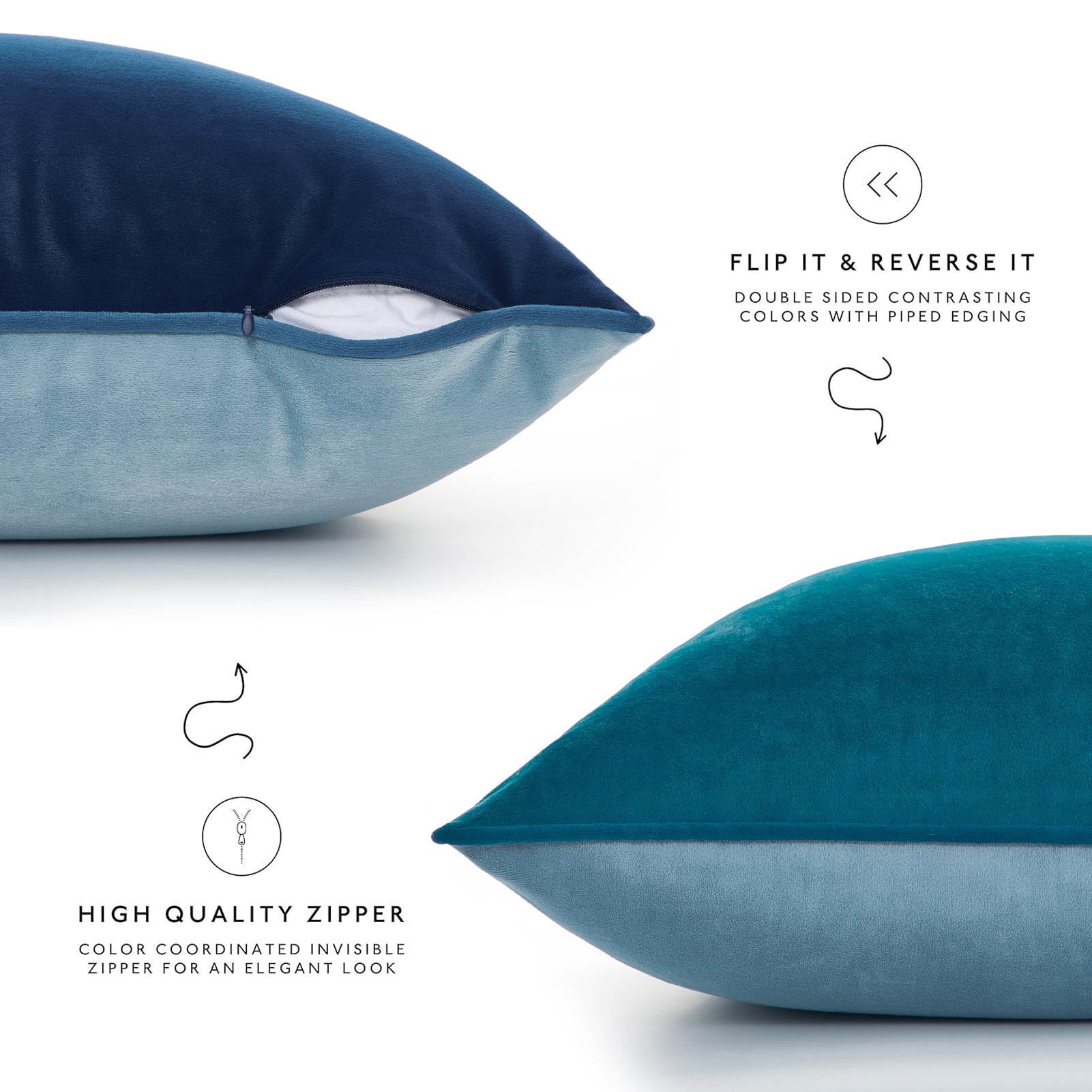 Two blue pillows with a zipper on a white background