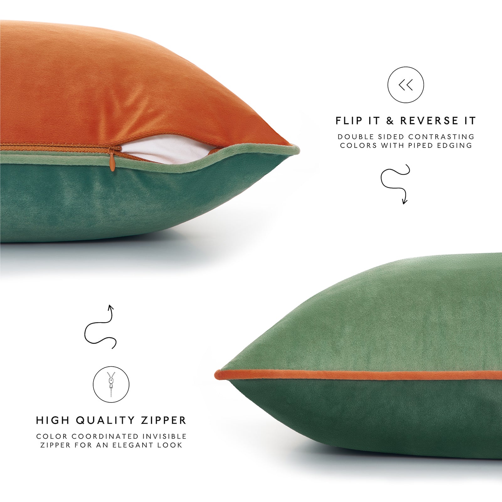 Two pillows with contrasting colors and piped edges on a white background