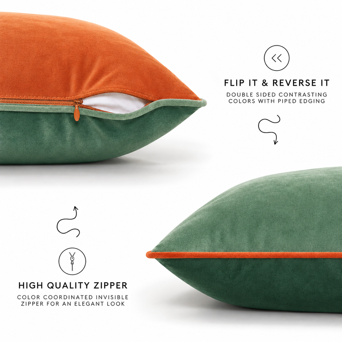velvet piping decorative throw pillow covers coral sage green orange