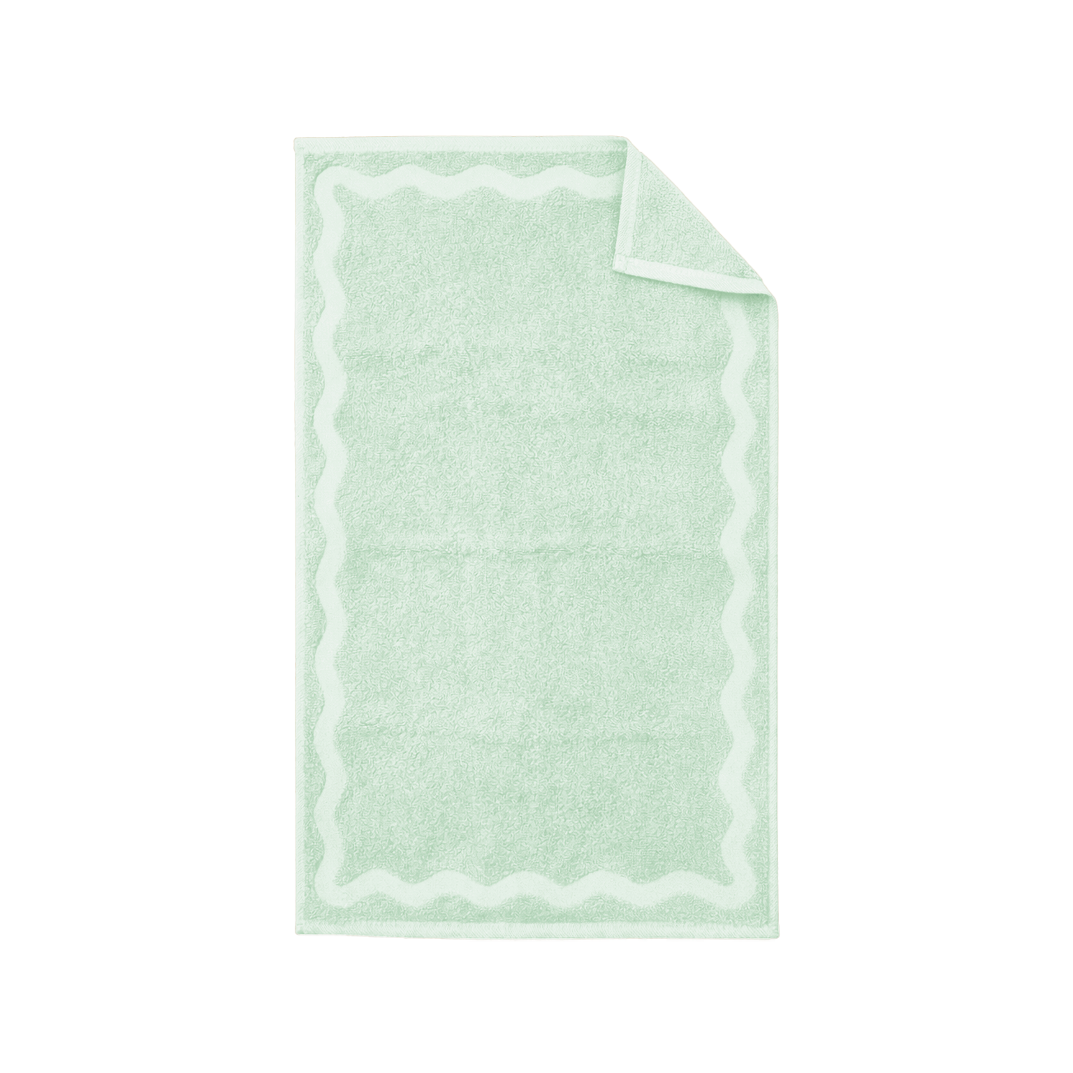 Light green towel with scalloped edge on a white background