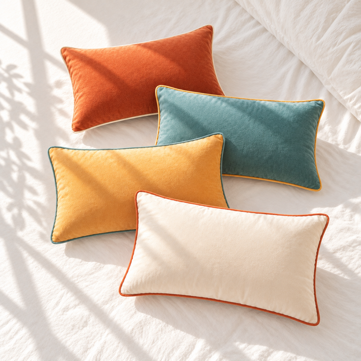 Four decorative rectangular throw pillows in orange, teal, mustard yellow, and cream, arranged on a white bed with soft sunlight and leaf shadows.