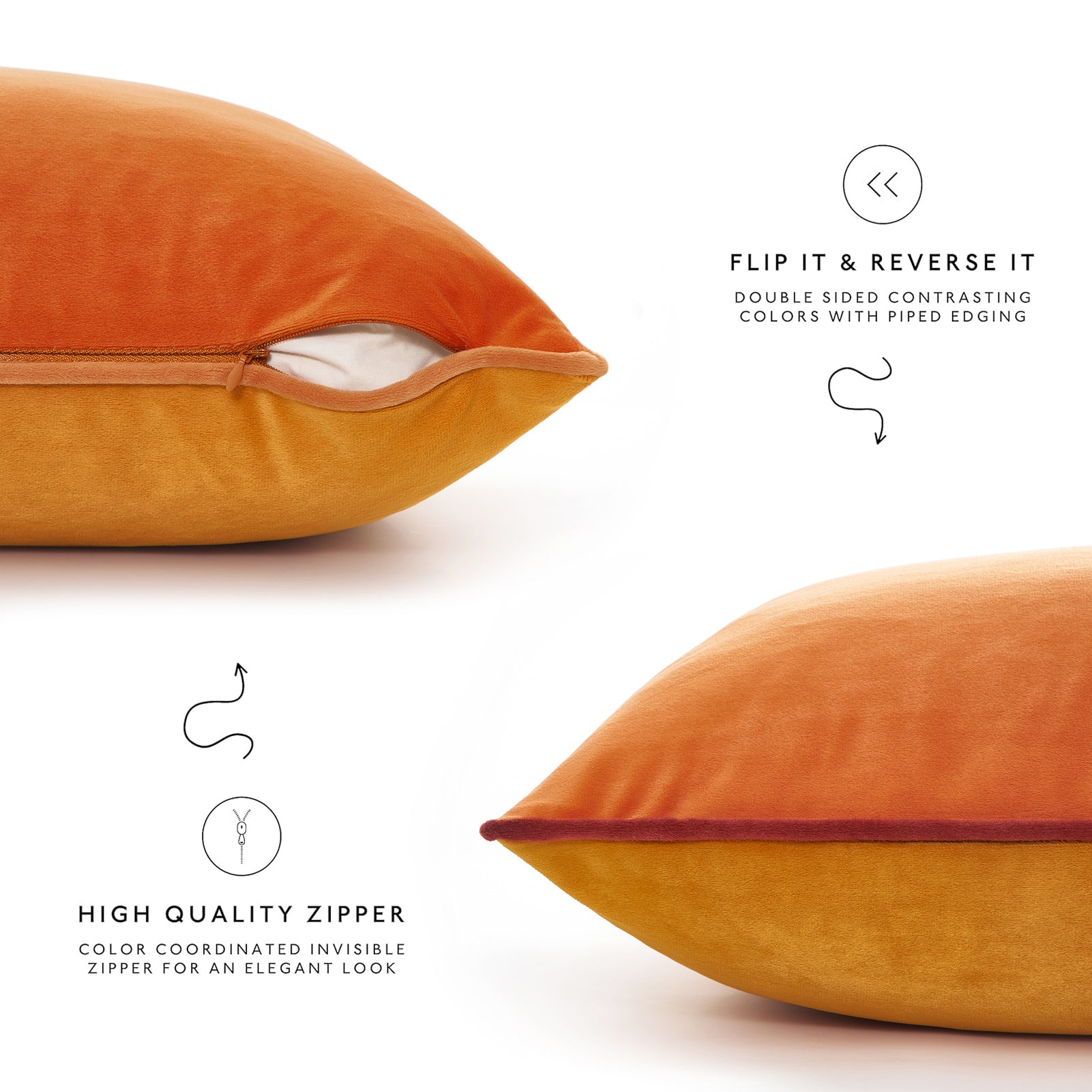 Orange pillow with piped edge on a white background