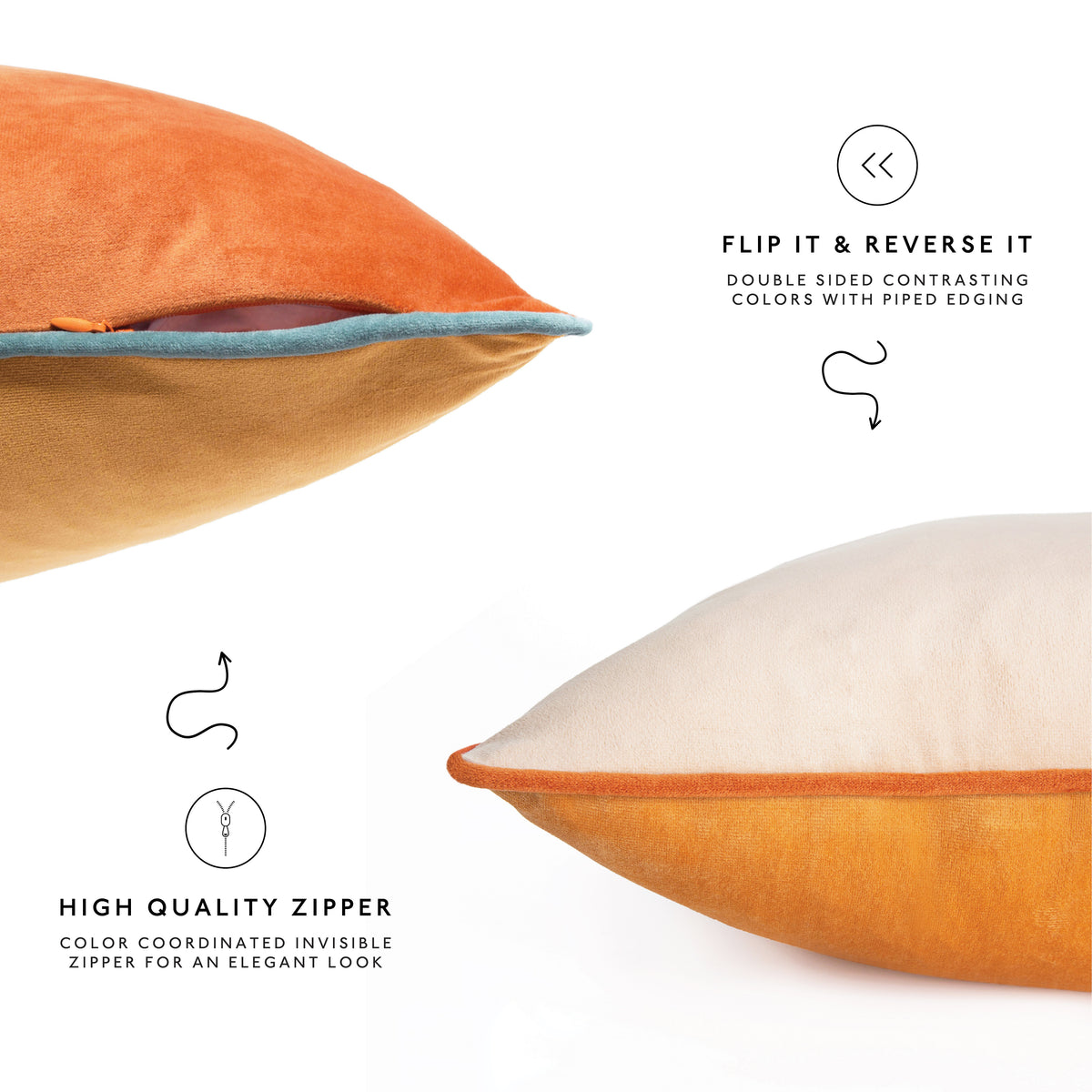 An orange and cream reversible throw pillow with a high-quality zippered edge, shown with instructional text overlays explaining how to flip and reverse the pillow.