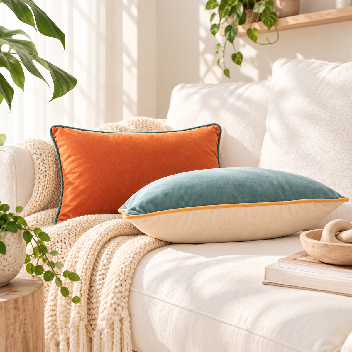 Two decorative throw pillows on a white sofa in a bright, sunlit living room. The front pillow is teal velvet with a mustard yellow edge and cream underside, and the back pillow is orange velvet with a dark teal edge.