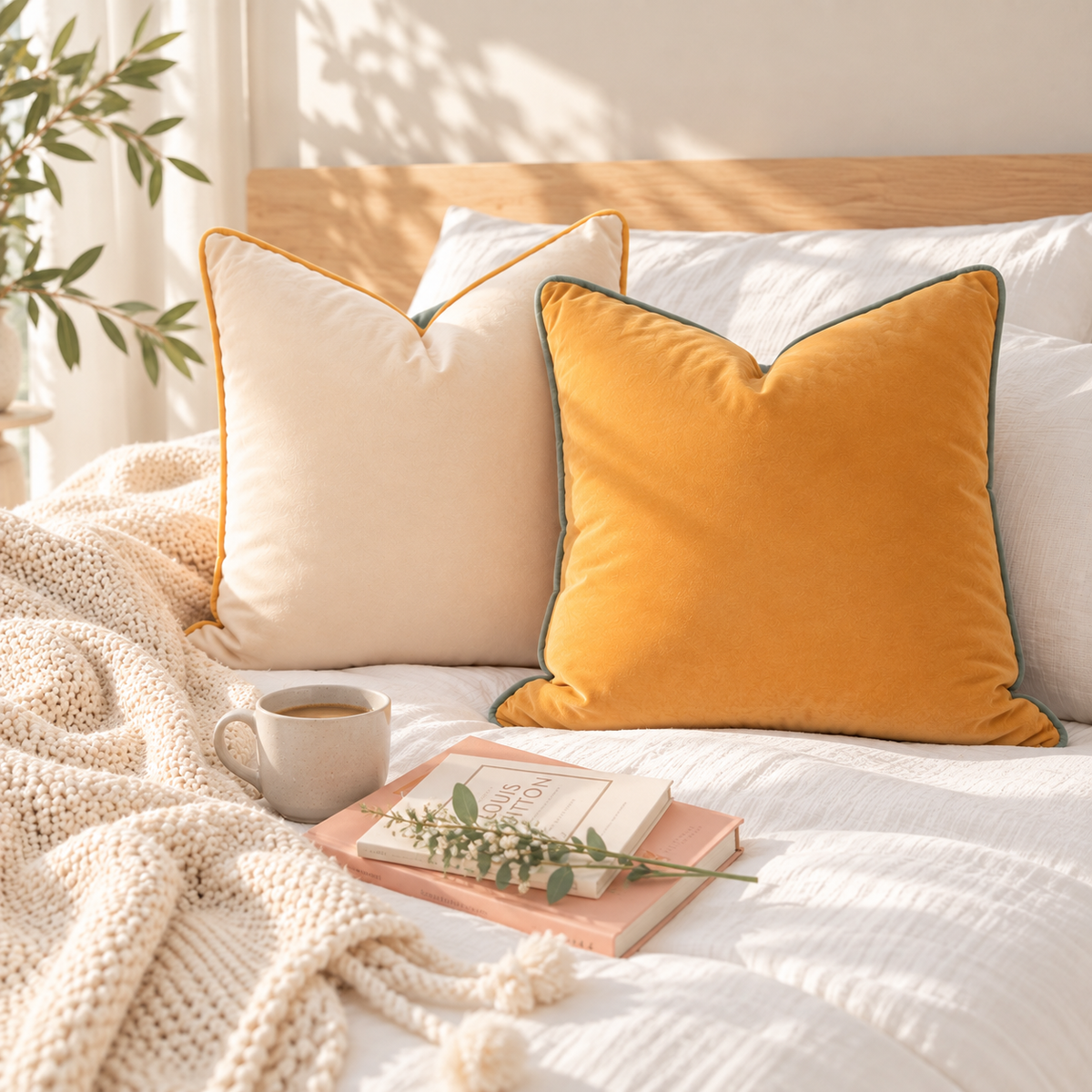 Two decorative throw pillows on a bed: one cream with mustard trim and one mustard yellow with dark green trim, styled with a knit blanket, mug, and books in a softly lit bedroom.