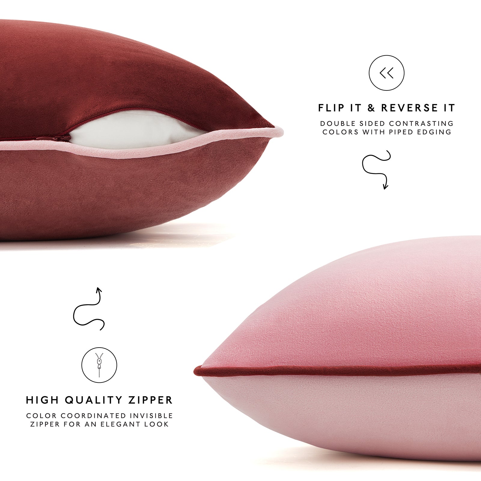 Two pillows, one red and one pink, with text describing their features on a white background.