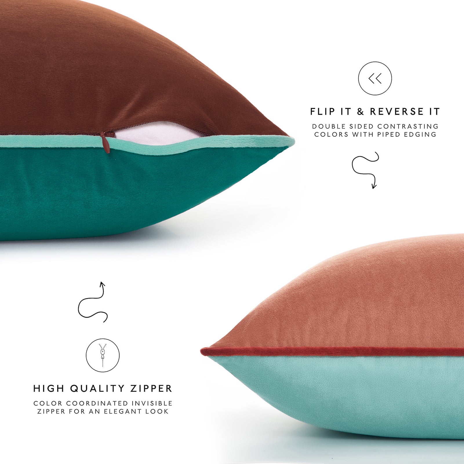Two pillows with contrasting colors and piped edges on a white background.