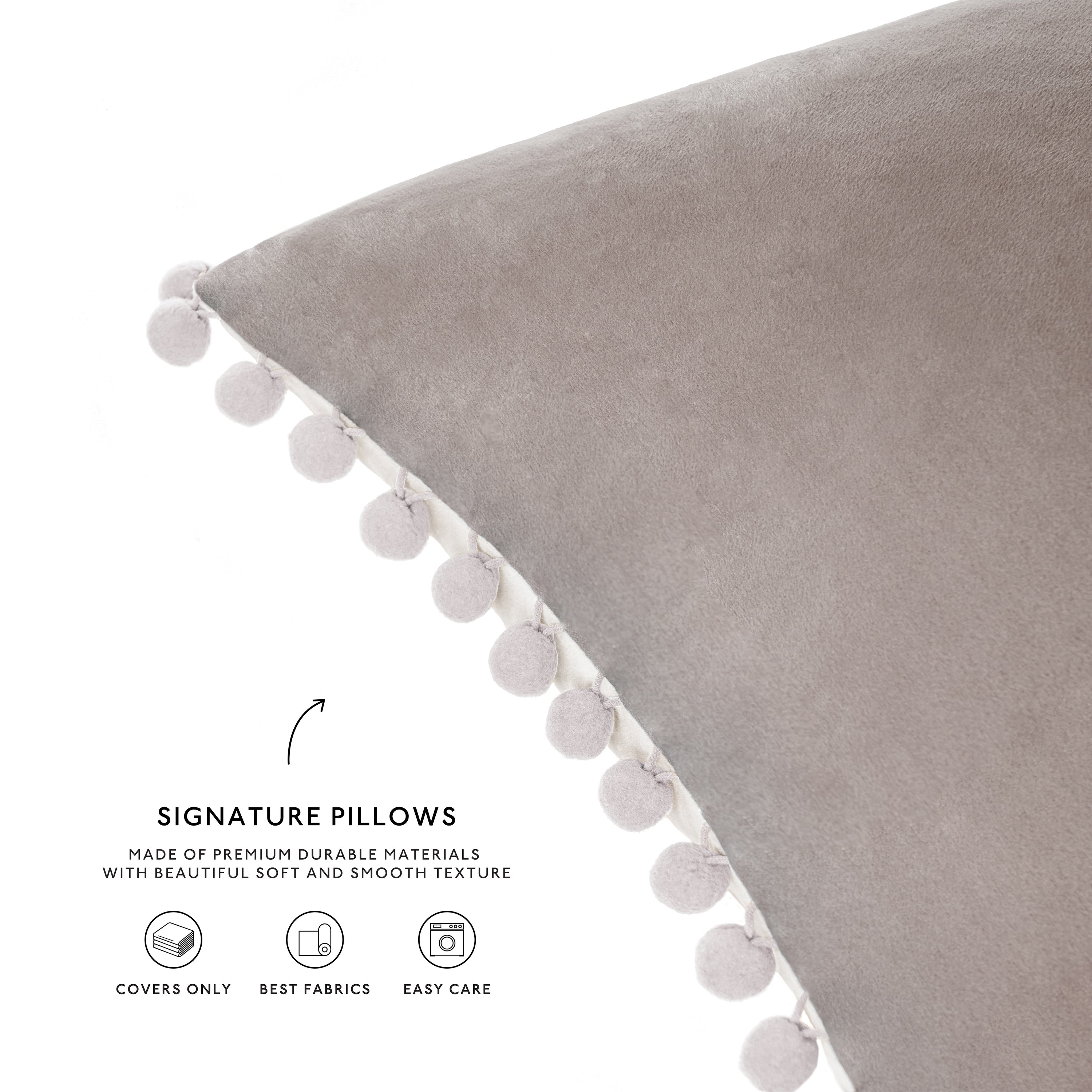 pom pom trim stone gray beige cream light cream gray decorative throw pillow covers velvet soft