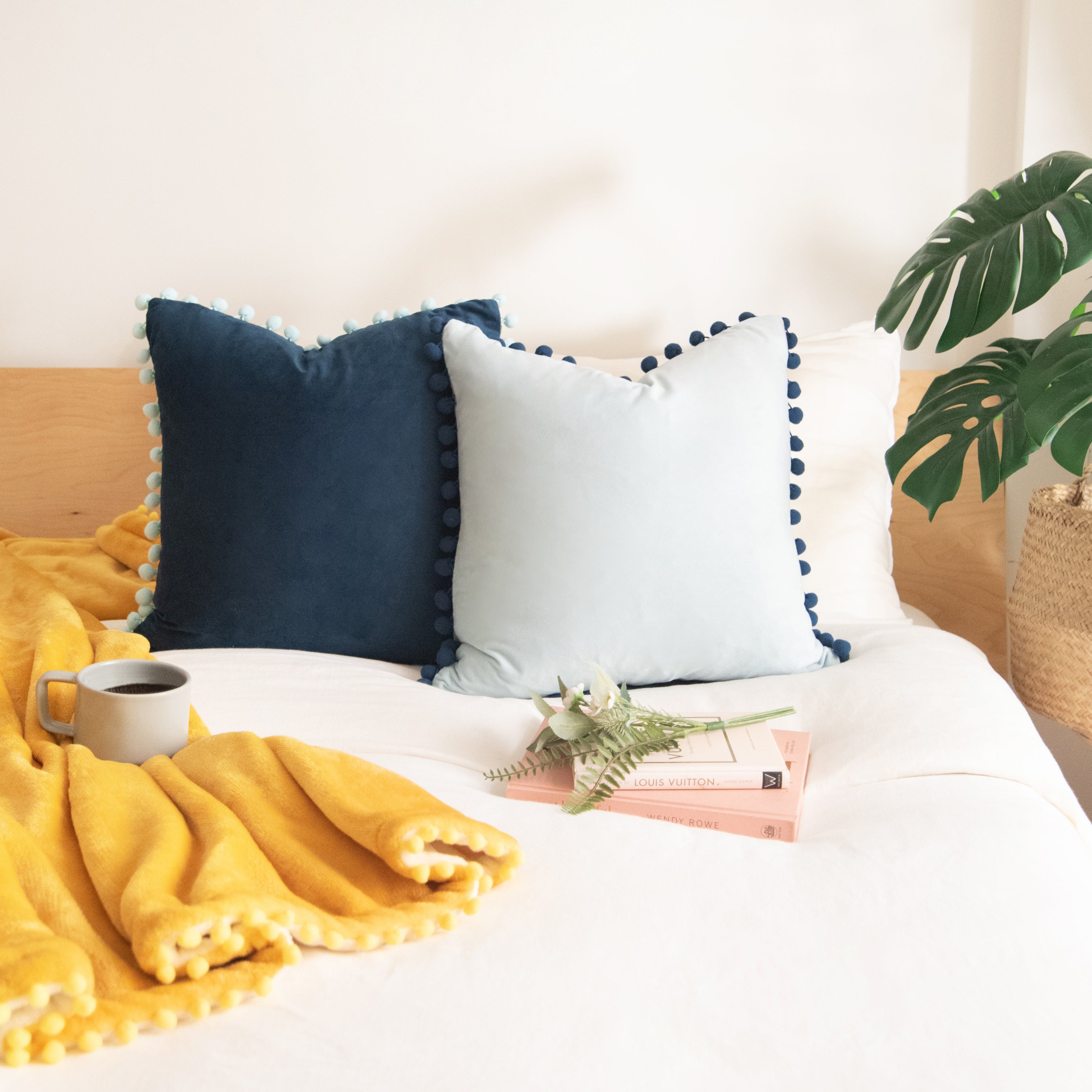 pom pom trim green blue  decorative throw pillow covers velvet