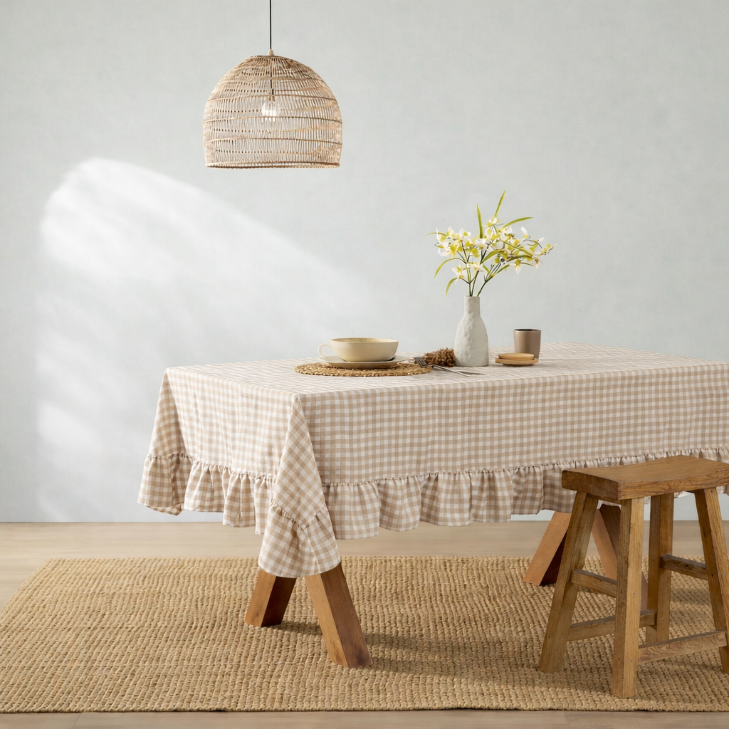 Dining table with a checkered tablecloth, vase with flowers, and bowls in a room with a light gray wall and wooden floor.