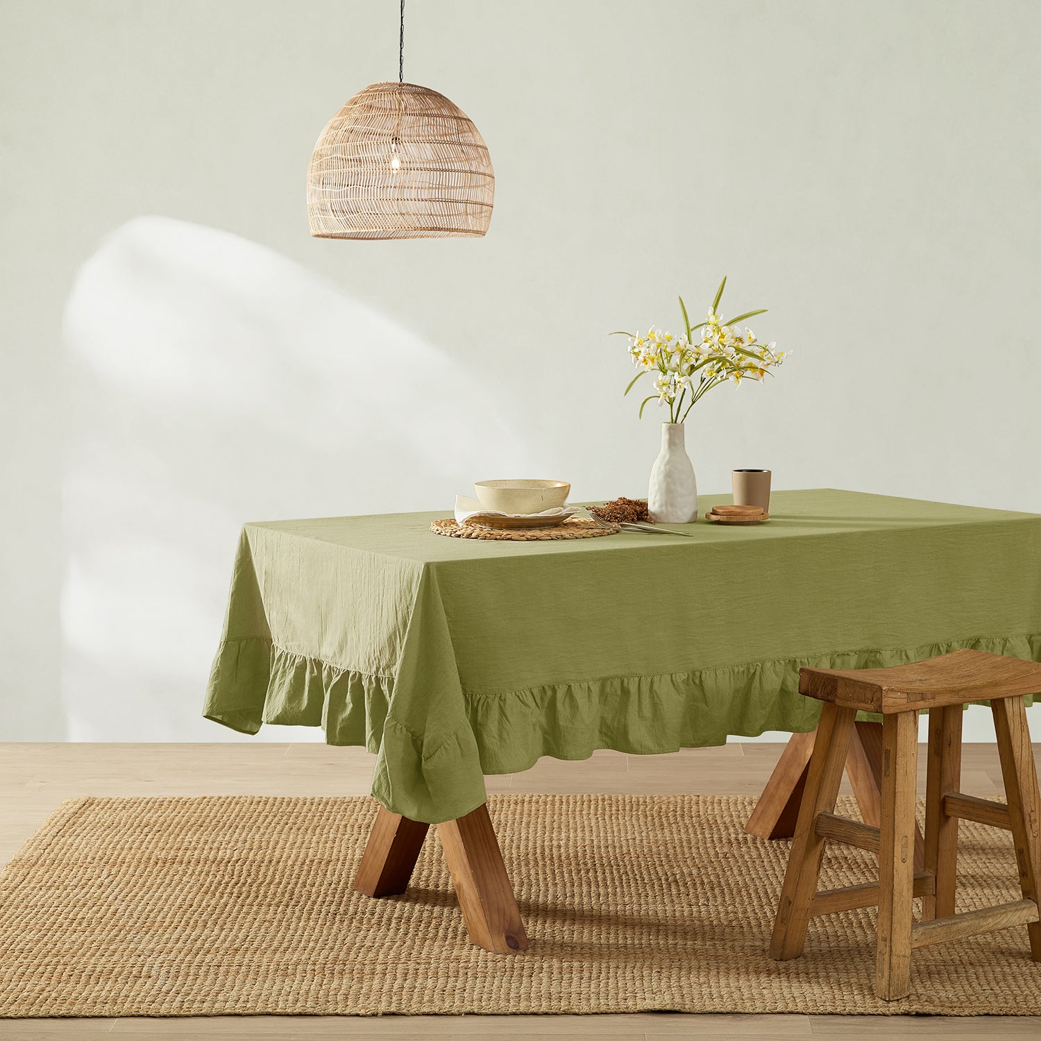 olive green stonewashed cotton tablecloth dining table