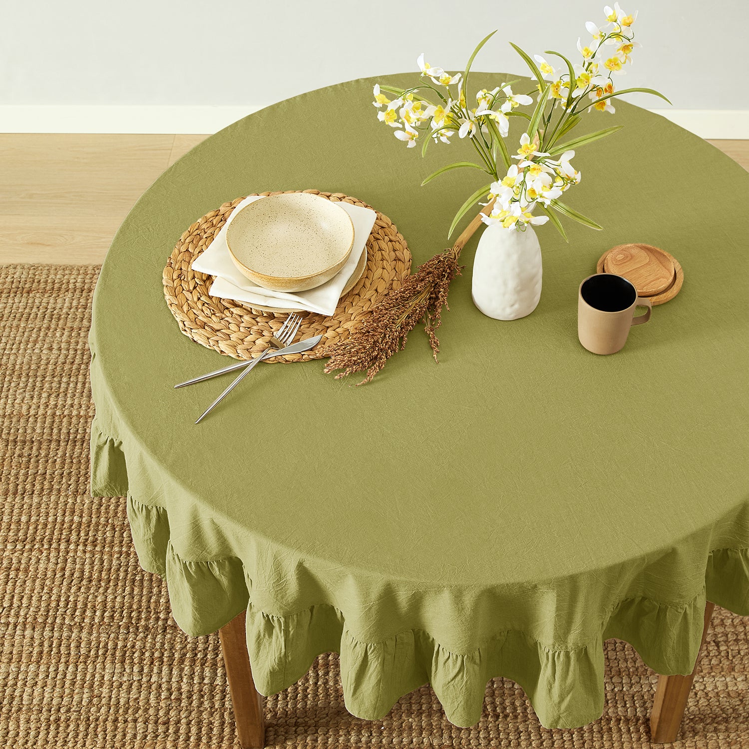 olive green stonewashed cotton tablecloth dining table