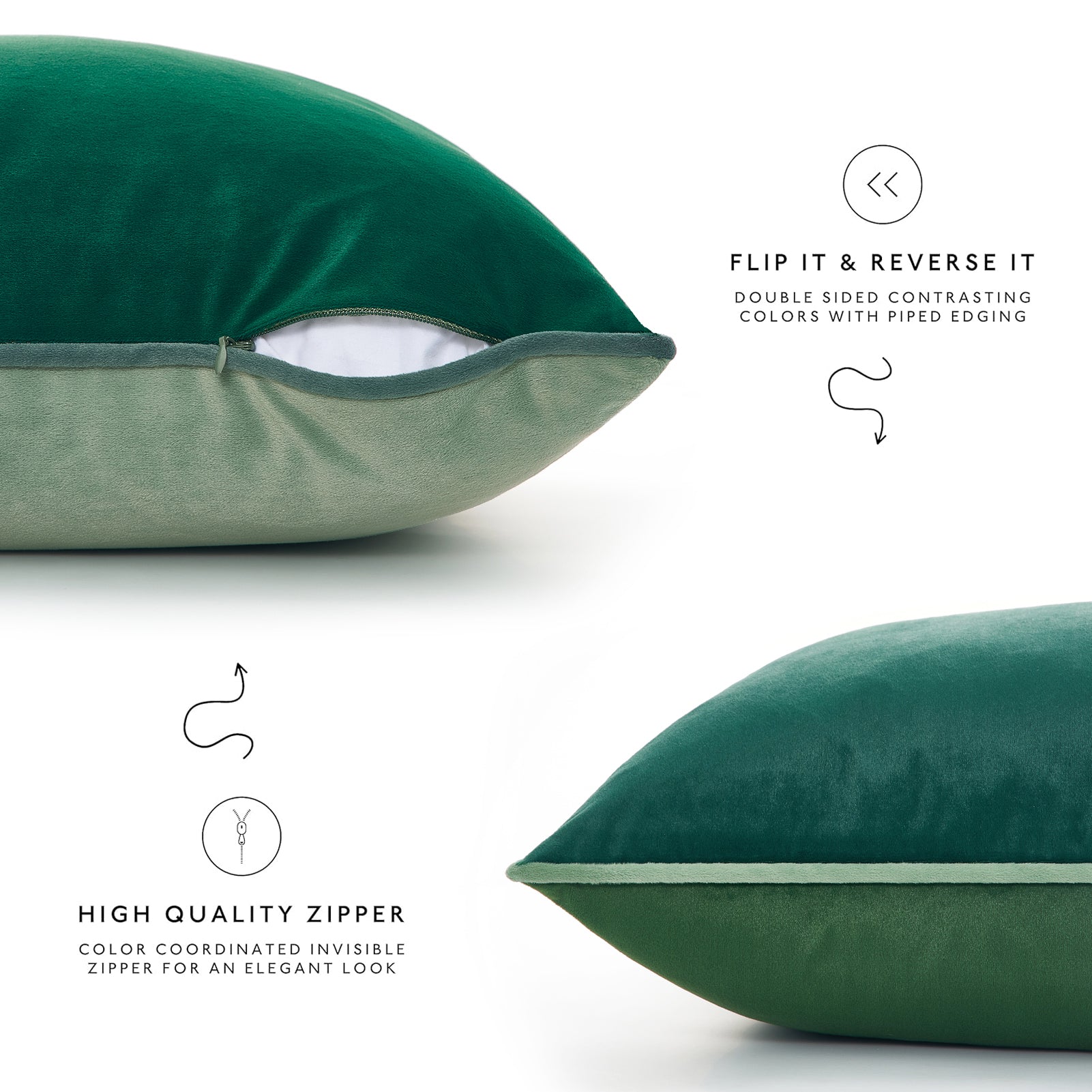 Green pillow with contrasting piping and zipper on a white background