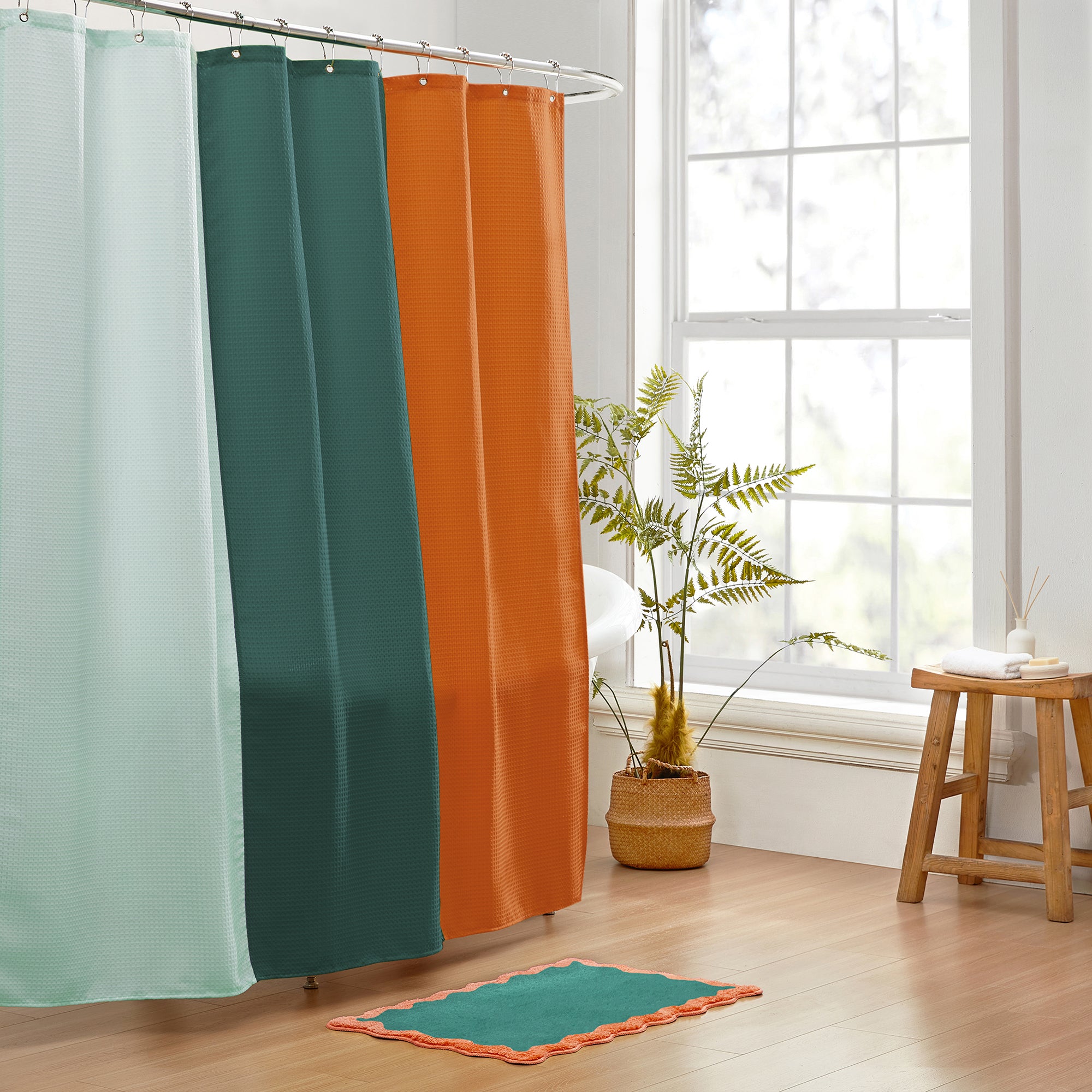 bath mat teal peach scalloped wavy edge