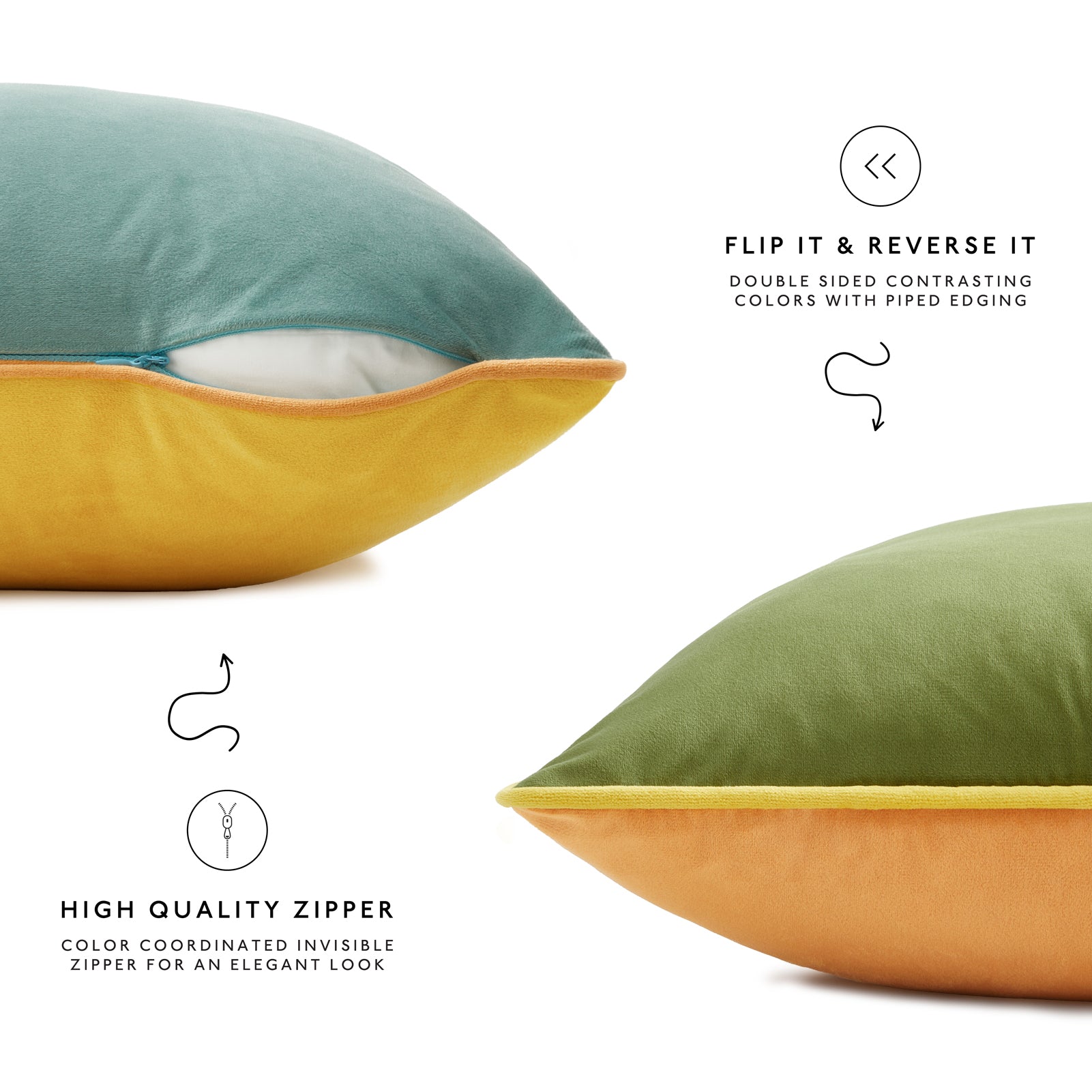 Two pillows with contrasting colors and a zipper on a white background