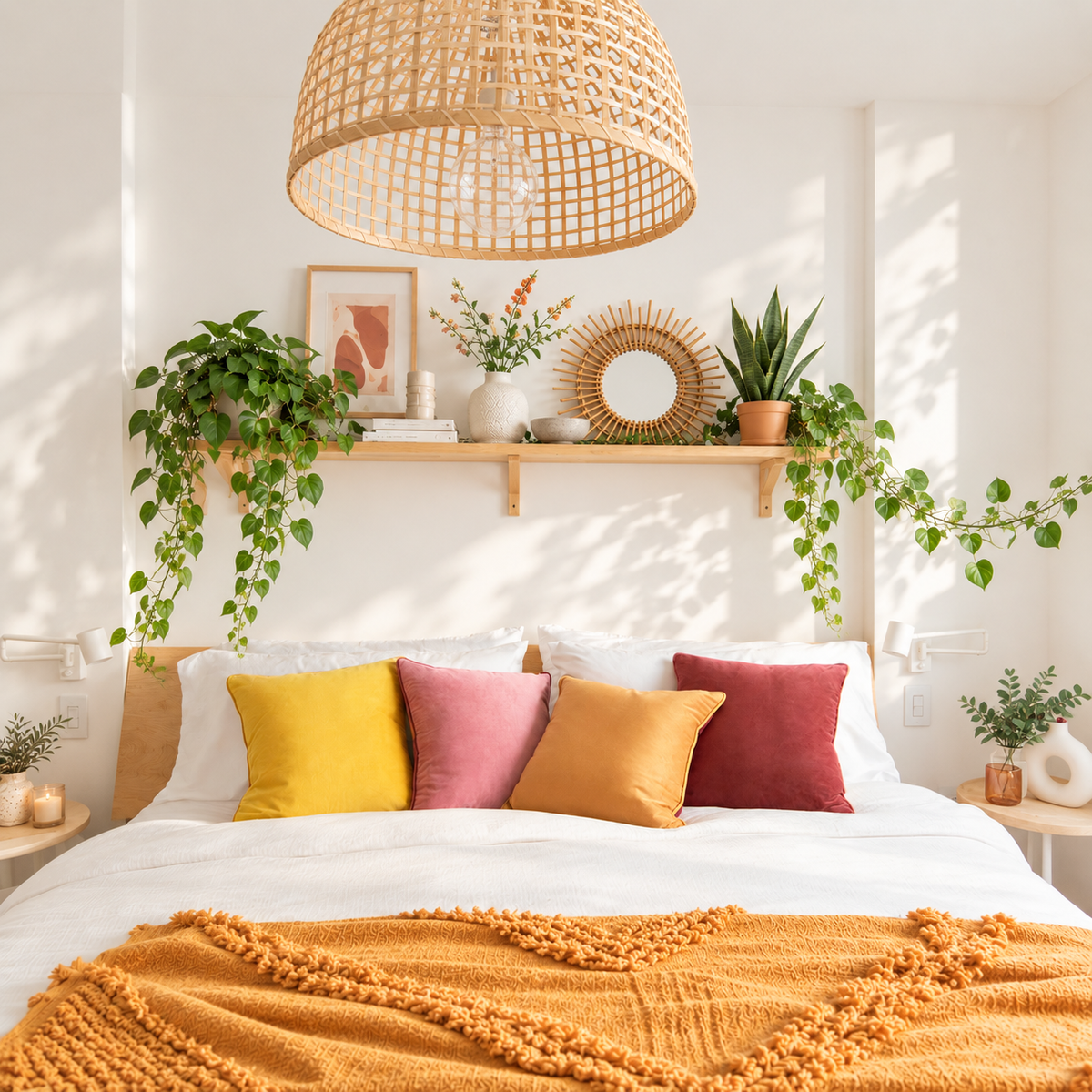 A beautifully styled bedroom featuring a bed with white linens, four decorative throw pillows in yellow, pink, ochre, and rust red, and a textured mustard yellow blanket. Above the bed, a wooden shelf is decorated with green plants, a sunburst mirror, and framed art, all under a large woven rattan dome pendant light.