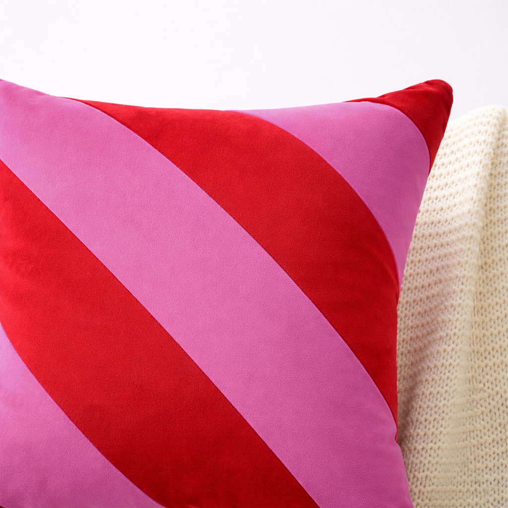 Colorful striped pillow on a neutral background