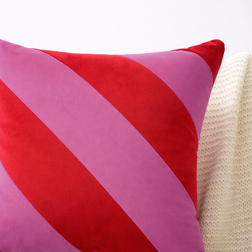 A square throw pillow with diagonal stripes in red, pink, and magenta, styled next to a cream-colored knit blanket against a white background.