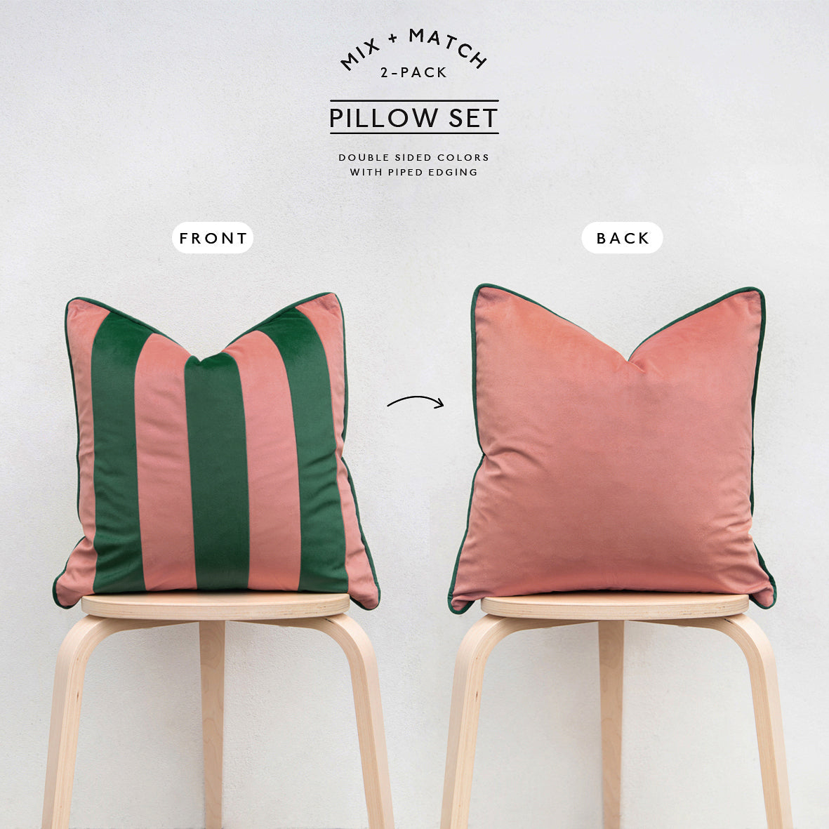 Two pillows on stools, one striped green and pink, the other solid pink, with text indicating a mix-and-match set.