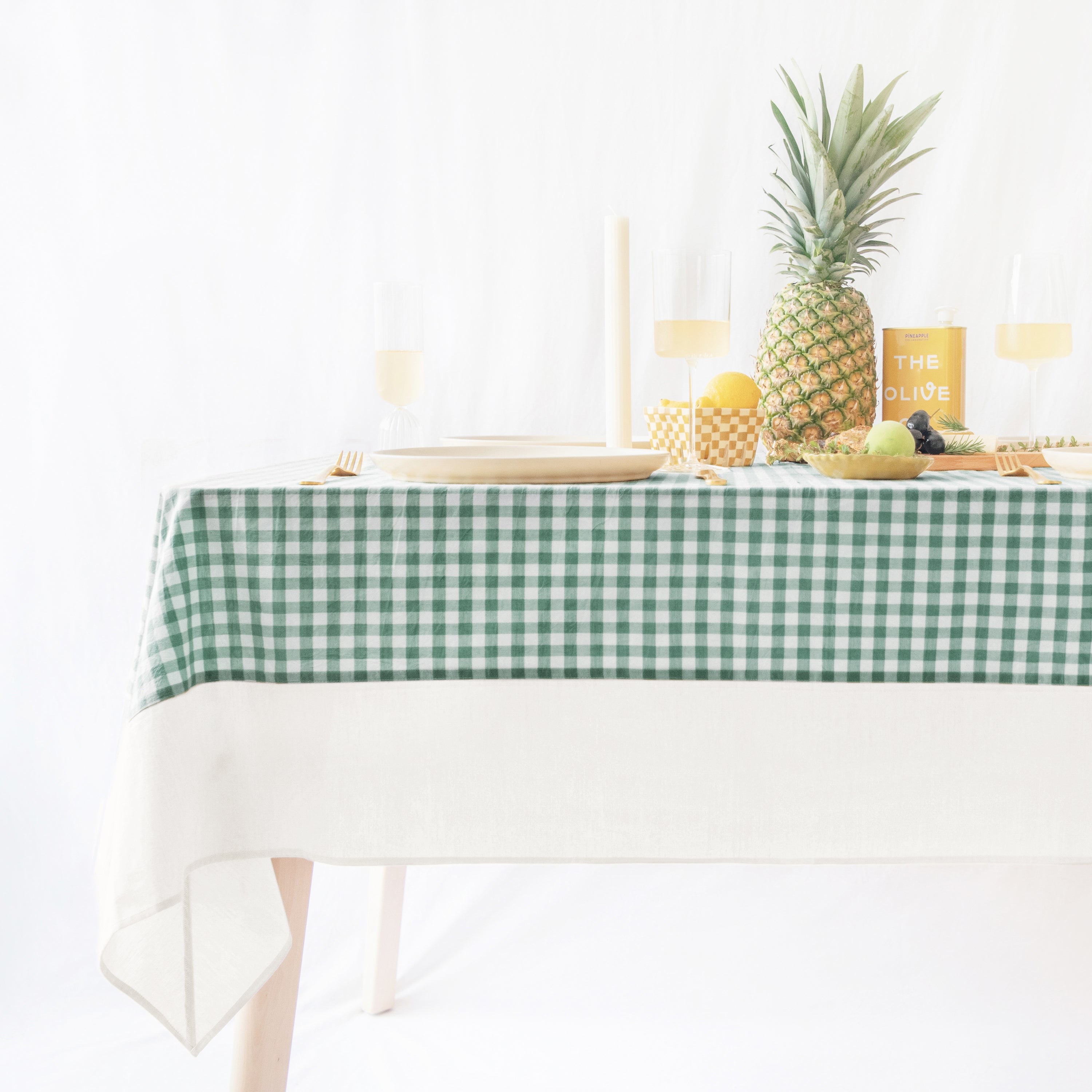 stonewashed cotton tablecloth gingham green white