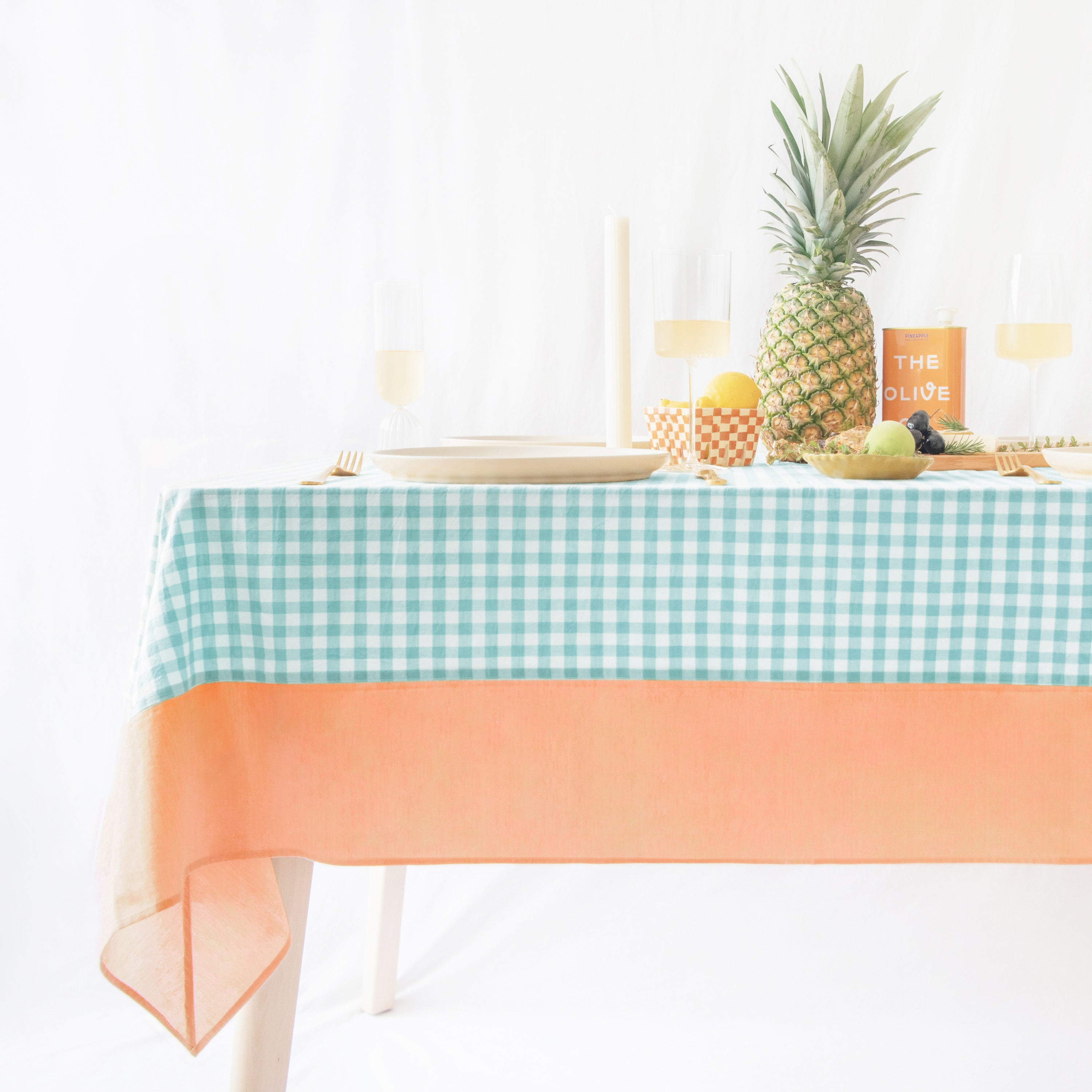 tablecloth gingham plaid buffalo checkered cotton stonewashed teal orange white rectangle