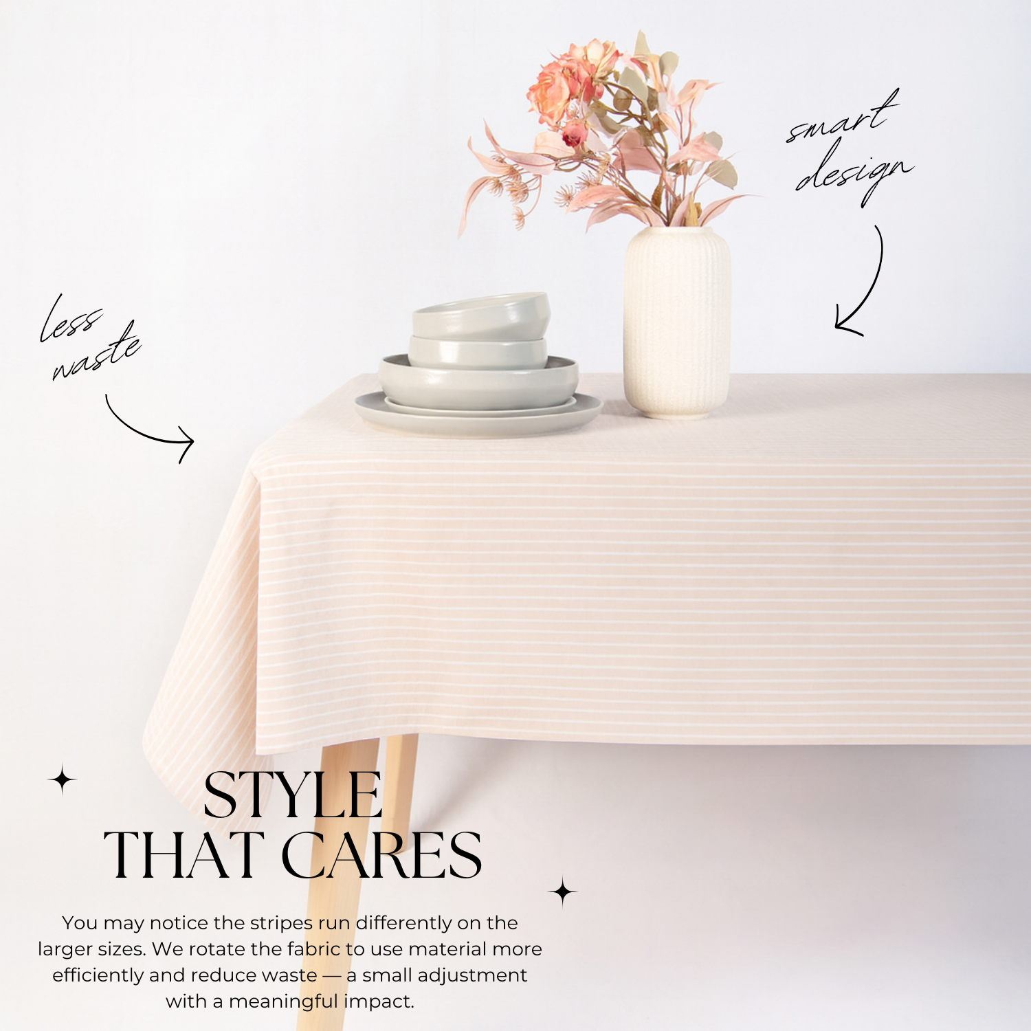 Table with a white tablecloth, plates, and a vase with flowers on a light background.