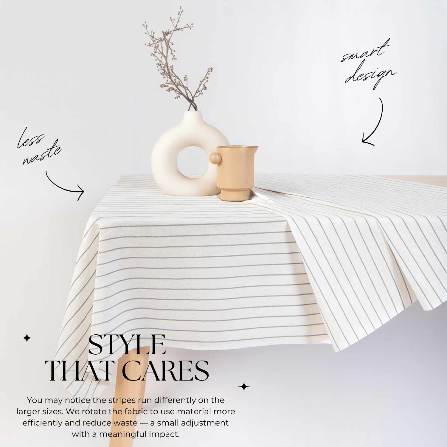 Table with striped tablecloth, vase, and text on a light background
