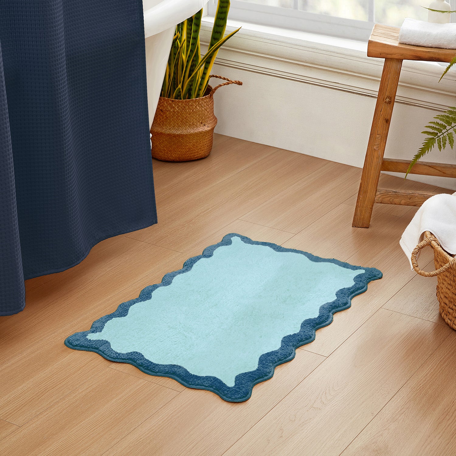 bath mat blue scalloped wavy edge