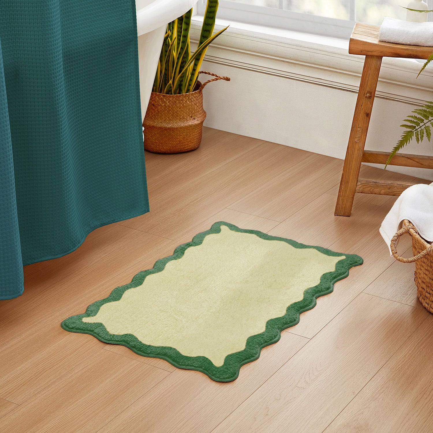 bath mat green scalloped wavy edge