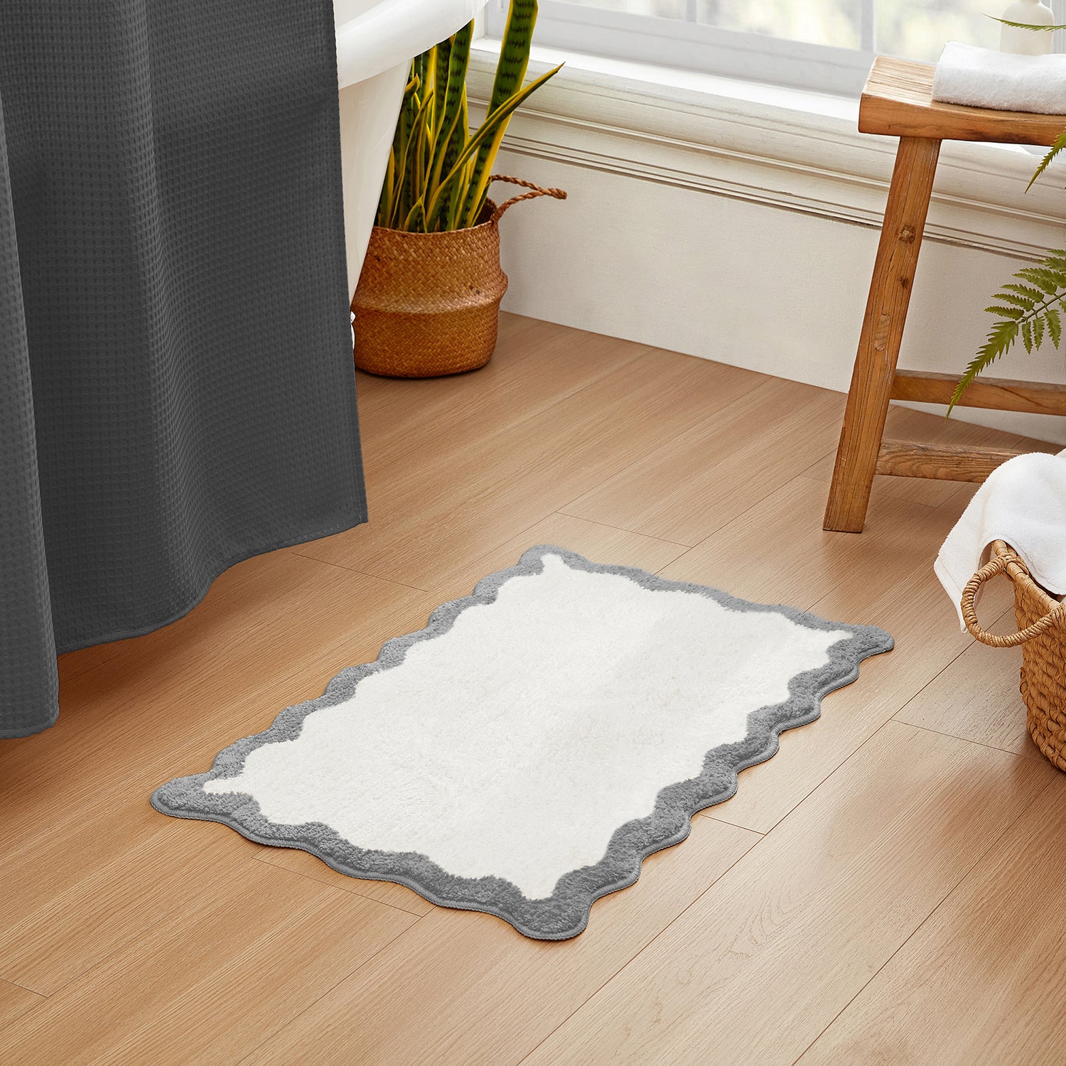 bath mat gray white scalloped wavy edge