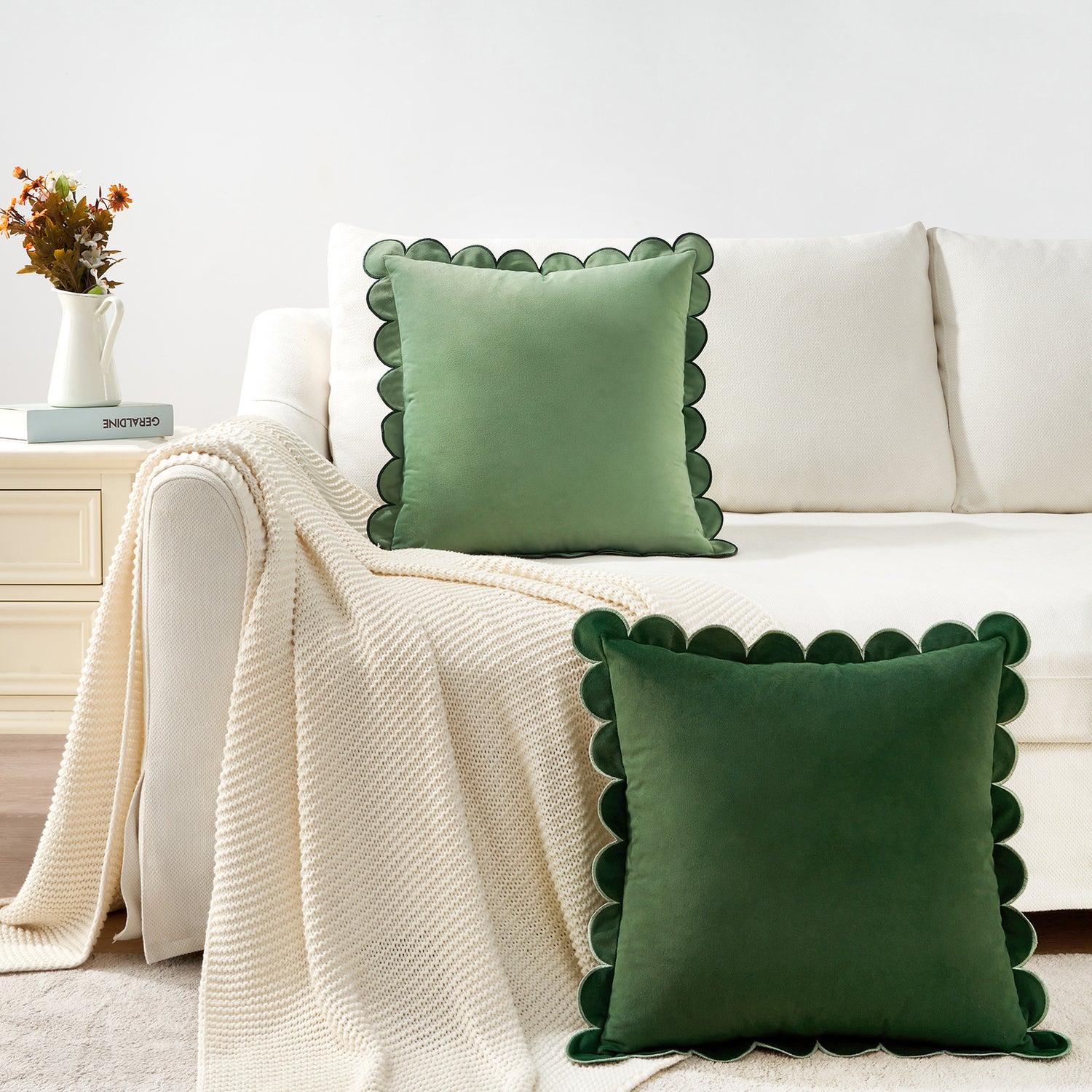 scalloped edge velvet pillows set of two green light green