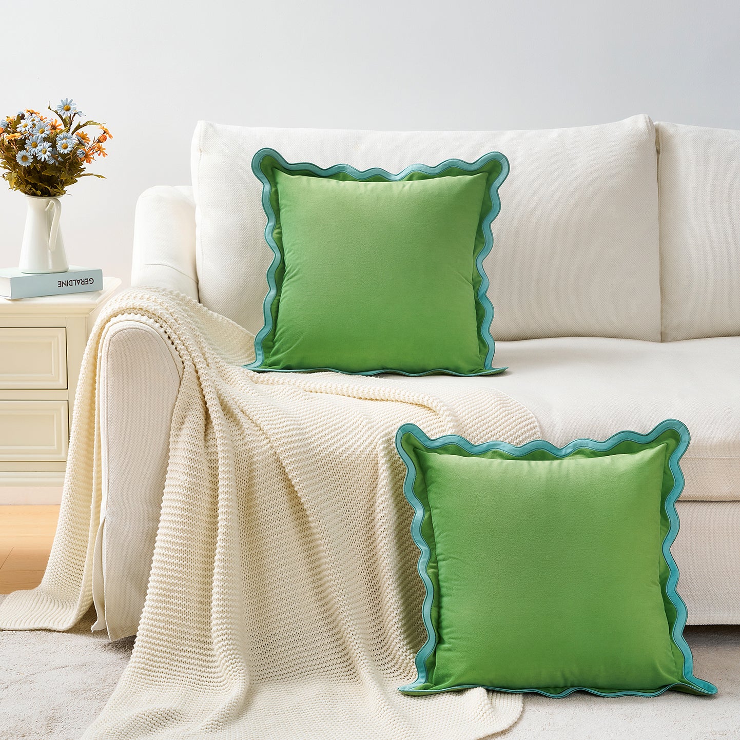 scalloped edge velvet pillows set of two light blue light green