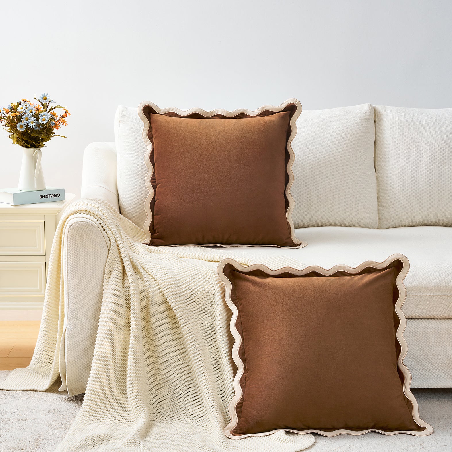 scalloped edge velvet pillows set of two beige brown